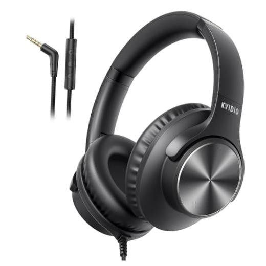 Wired Headphones with Mic, Volume & Playback Control, Over-Ear Foldable Black
