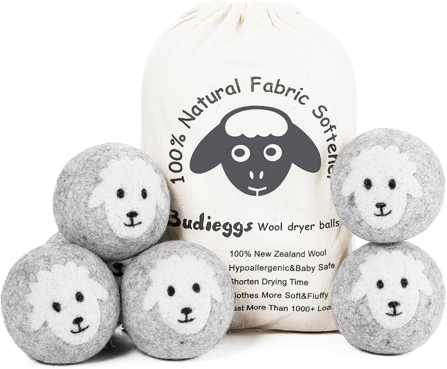 Wool Dryer Balls Organic XL 6-Pack, 100% New Zealand Chemical Free Fabric Soften