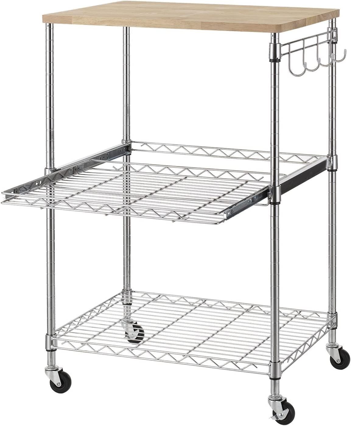 3-Tier Rolling Kitchen Cart with Oak Top Drawer Hooks