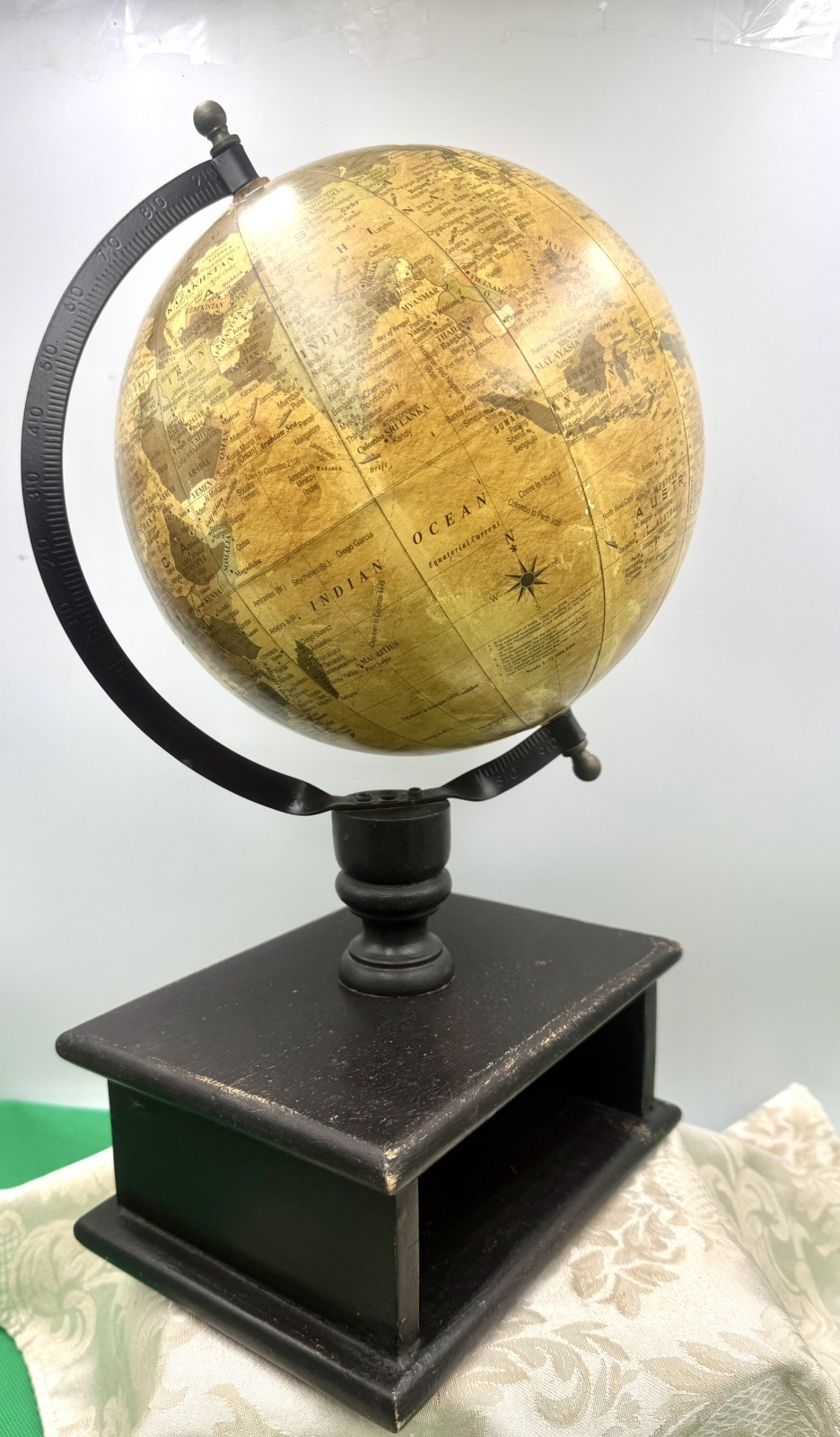 Decorative 16" World Globe with Rustic Wood Open Drawer