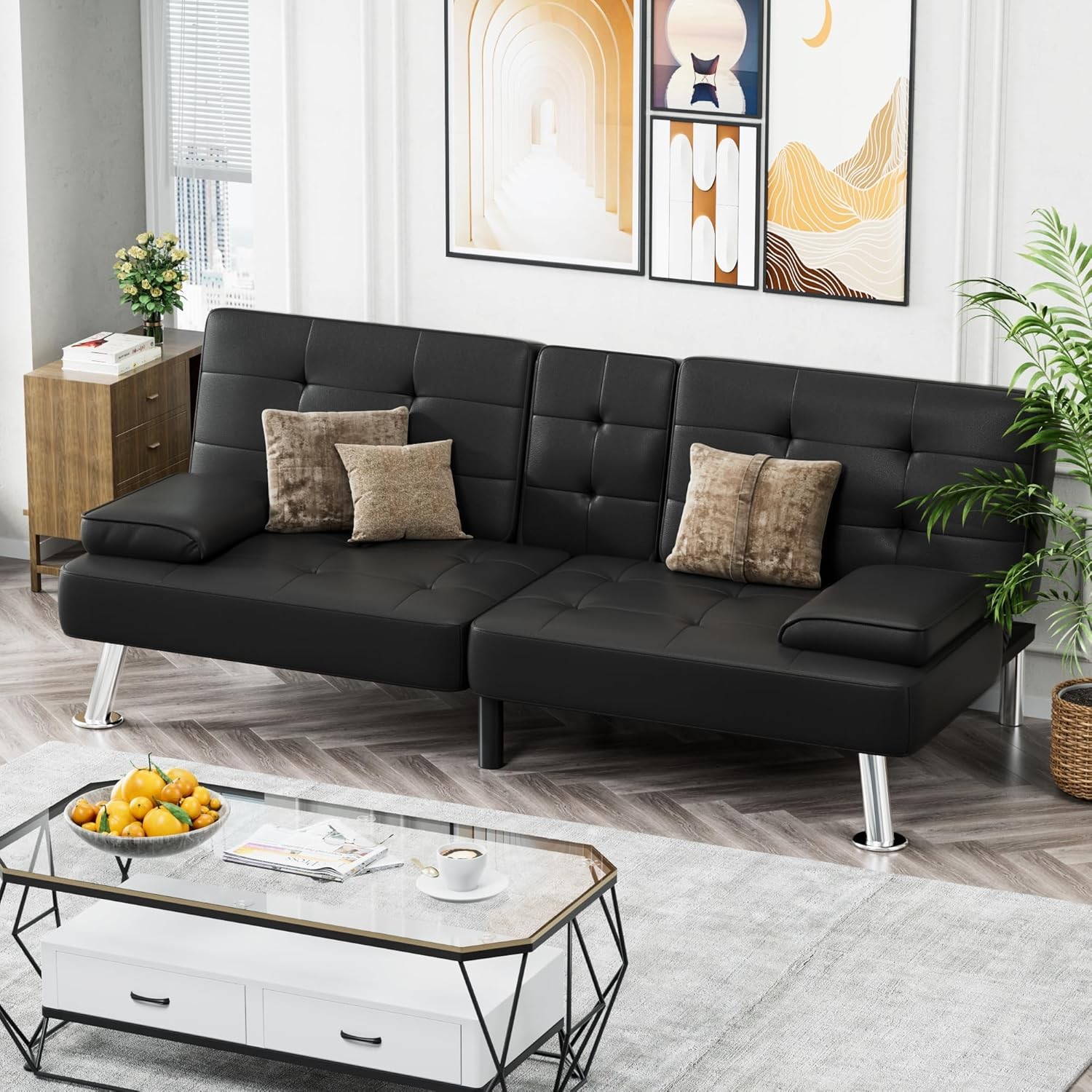 Faux Leather Sofa Bed Convertible Futon Sofa with 2 Throw Pillows Cup Holders