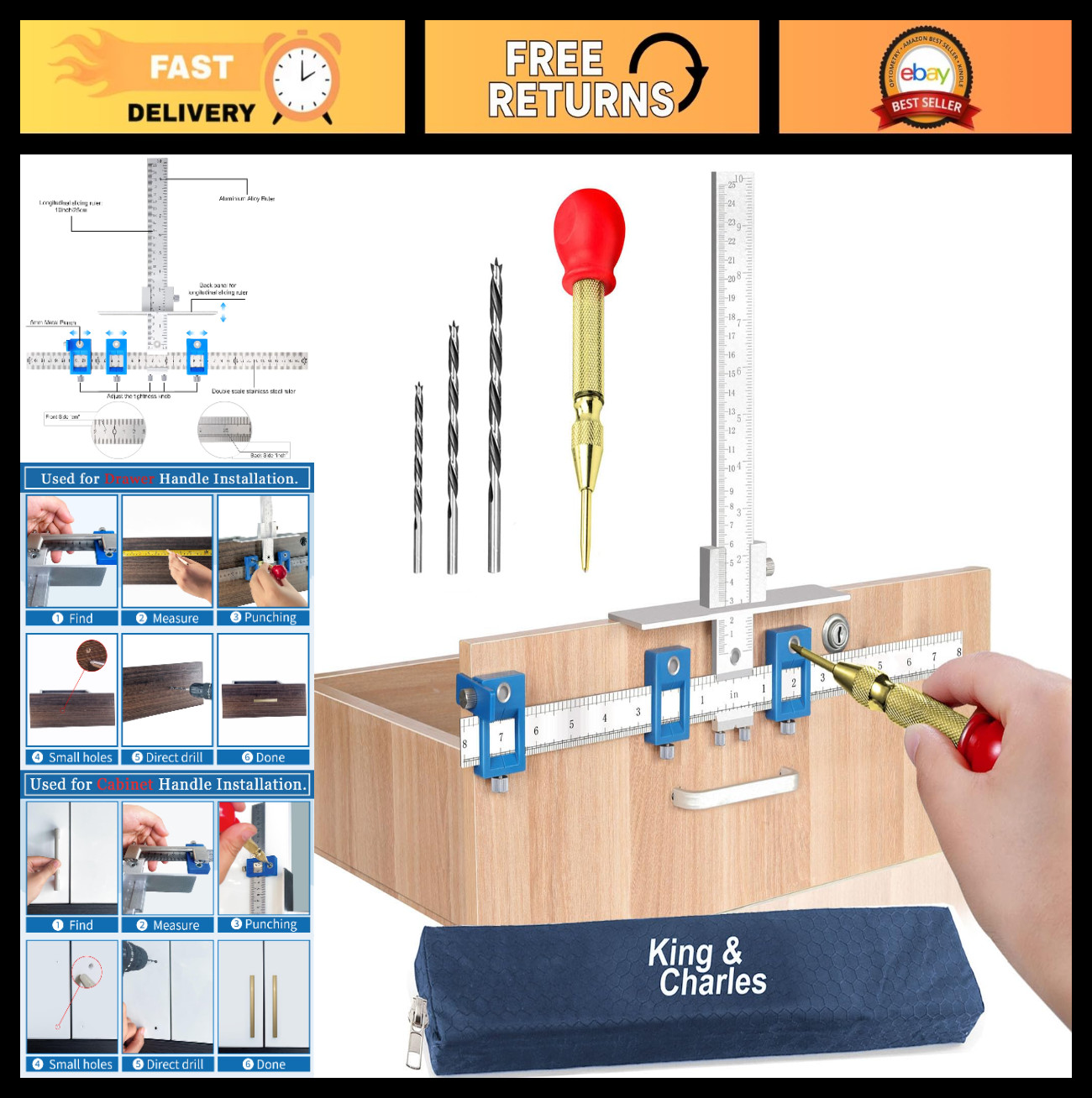 Metal Cabinet Hardware Jig Set - Auto Center Punch & Drill Bits for Drawer/Door