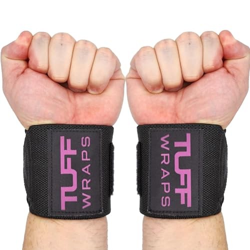 TuffWraps 16" Wrist Wraps: No Thumb Loops, Quality Gym Wrist Wraps Black/Pink