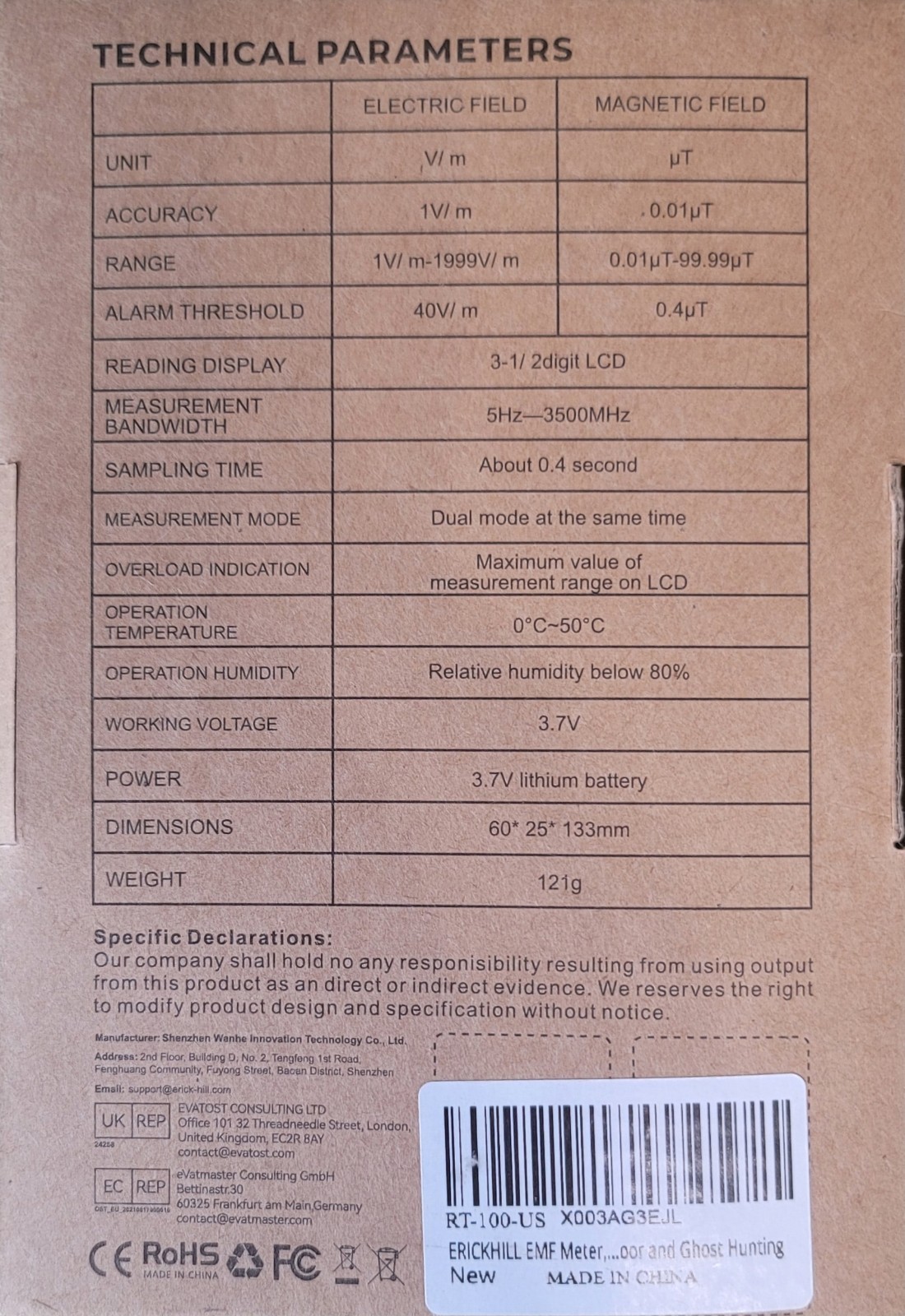 Erickhill EMF Tester RT-100 Electromagnetic Field Meter Rechargeable Handheld
