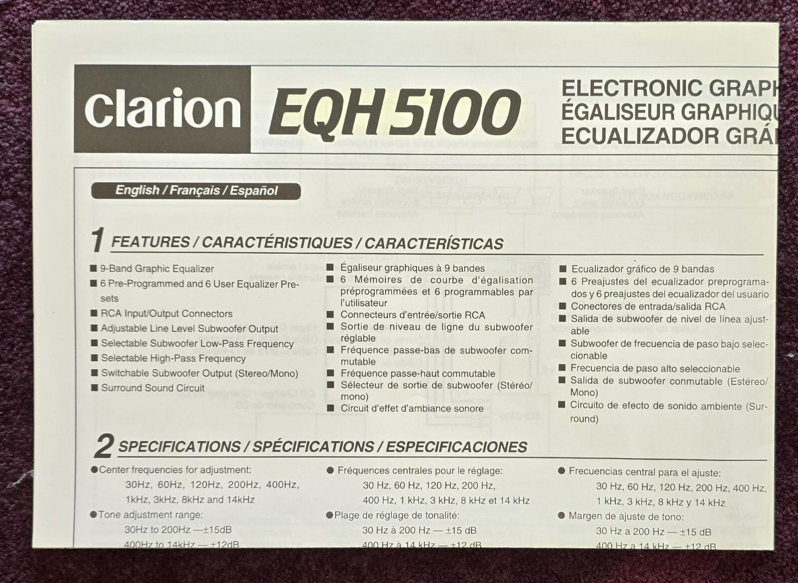 Clarion EQ5100 OEM Owners Guide * Fold-Out Pages - in English, French & Spanish