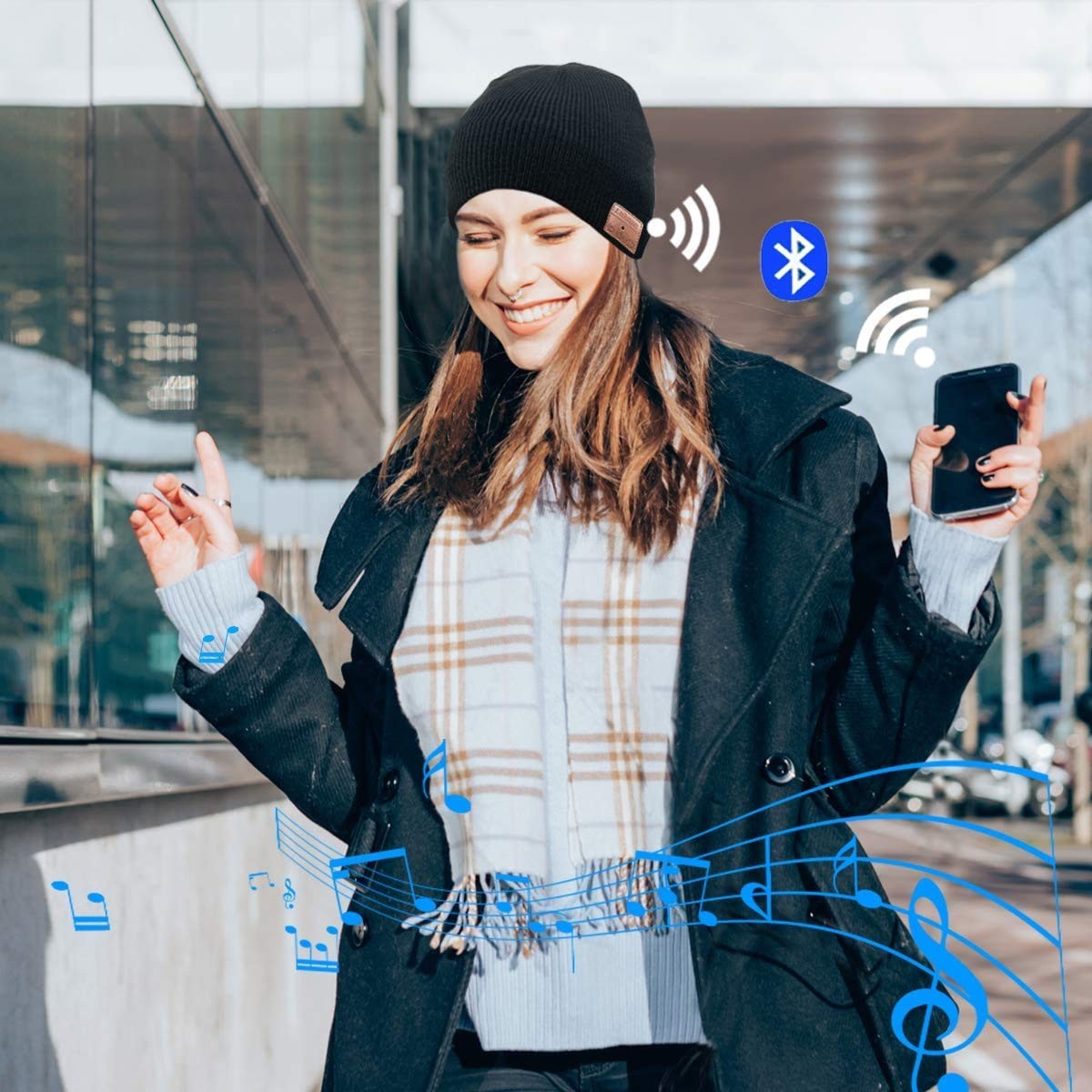 Wireless BT Earmuffs Woolen Hat, Rechargeable, Wireless (Black)