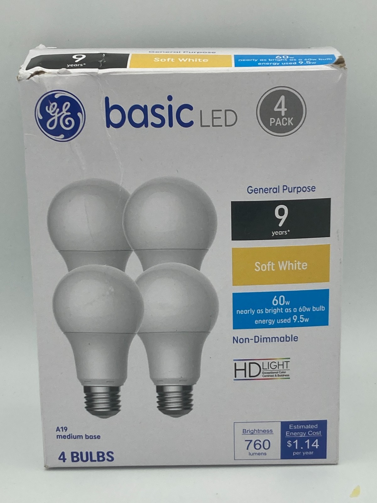 Cost,Effective Lighting, 4 Pack A19 Bulbs, 9.1 Year Life, Soft White 60W Eq.