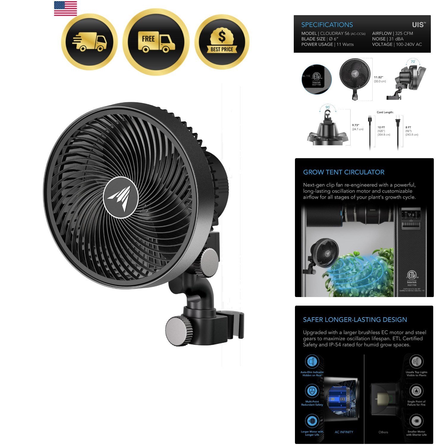 CLOUDRAY S6, Grow Tent Clip Fan 6” with Redesigned Long-Life EC Motor, Custom...