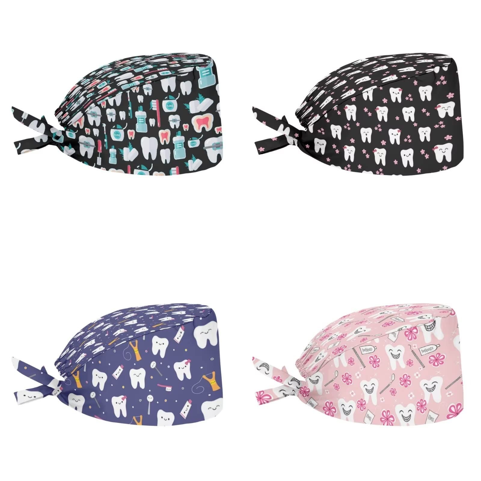 Tooth Dentist Tools Scrub Caps Women Men Set of 4 Pcs Adjustable Back Tie Tur...