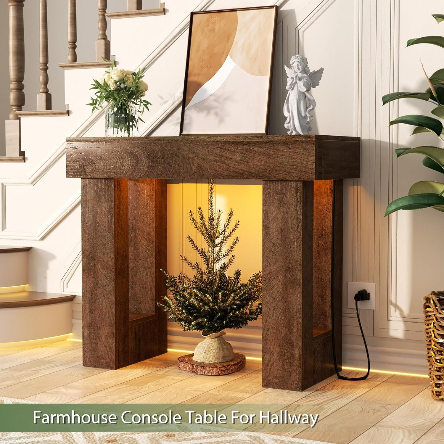 39" Entry Table with Power Outlet & Sensor Light, Rustic Oak | Narrow Foyer Tabl