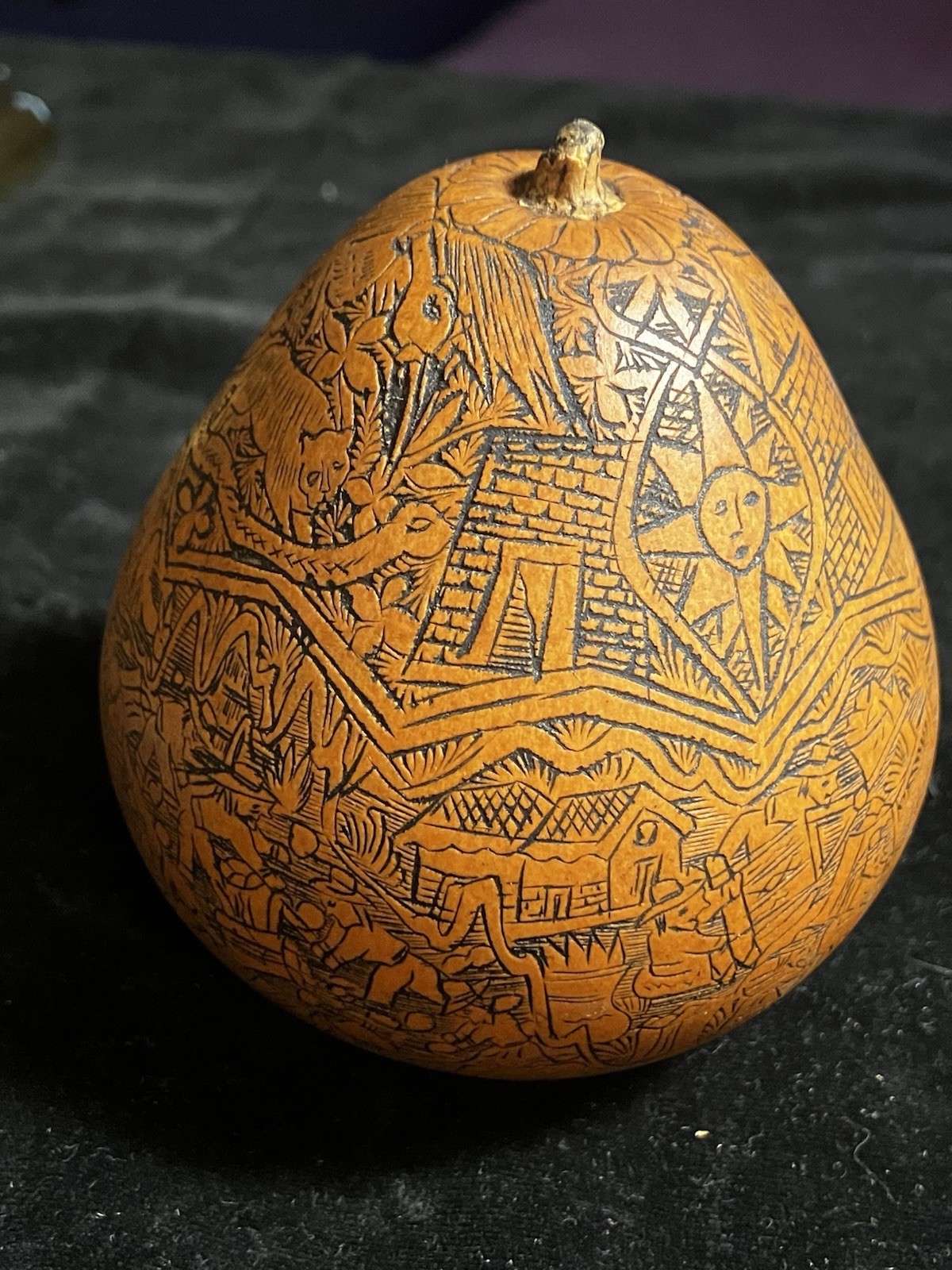 Peruvian Intricate Hand Fine Carved Etched Gourd Rattle Peruvian Culture Scenes