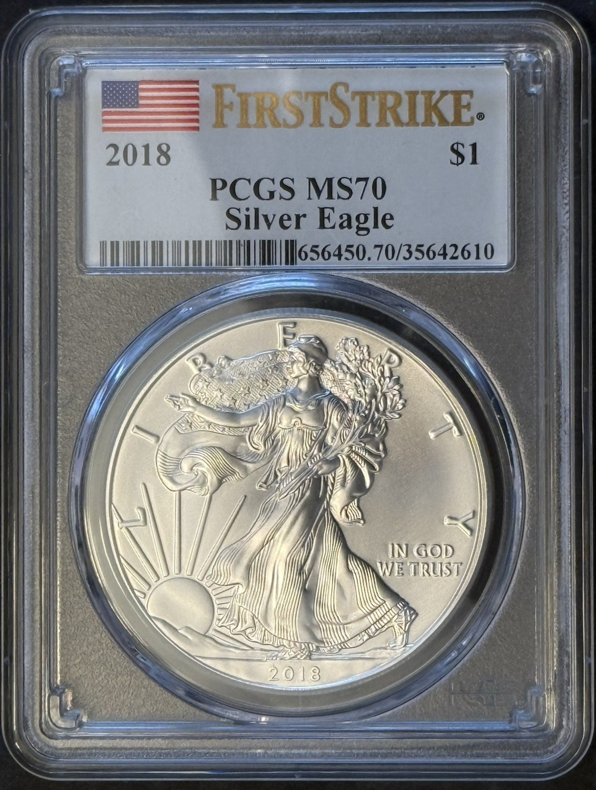 2018 Silver Eagle PCGS MS70 FIRST STRIKE (Flag Label)