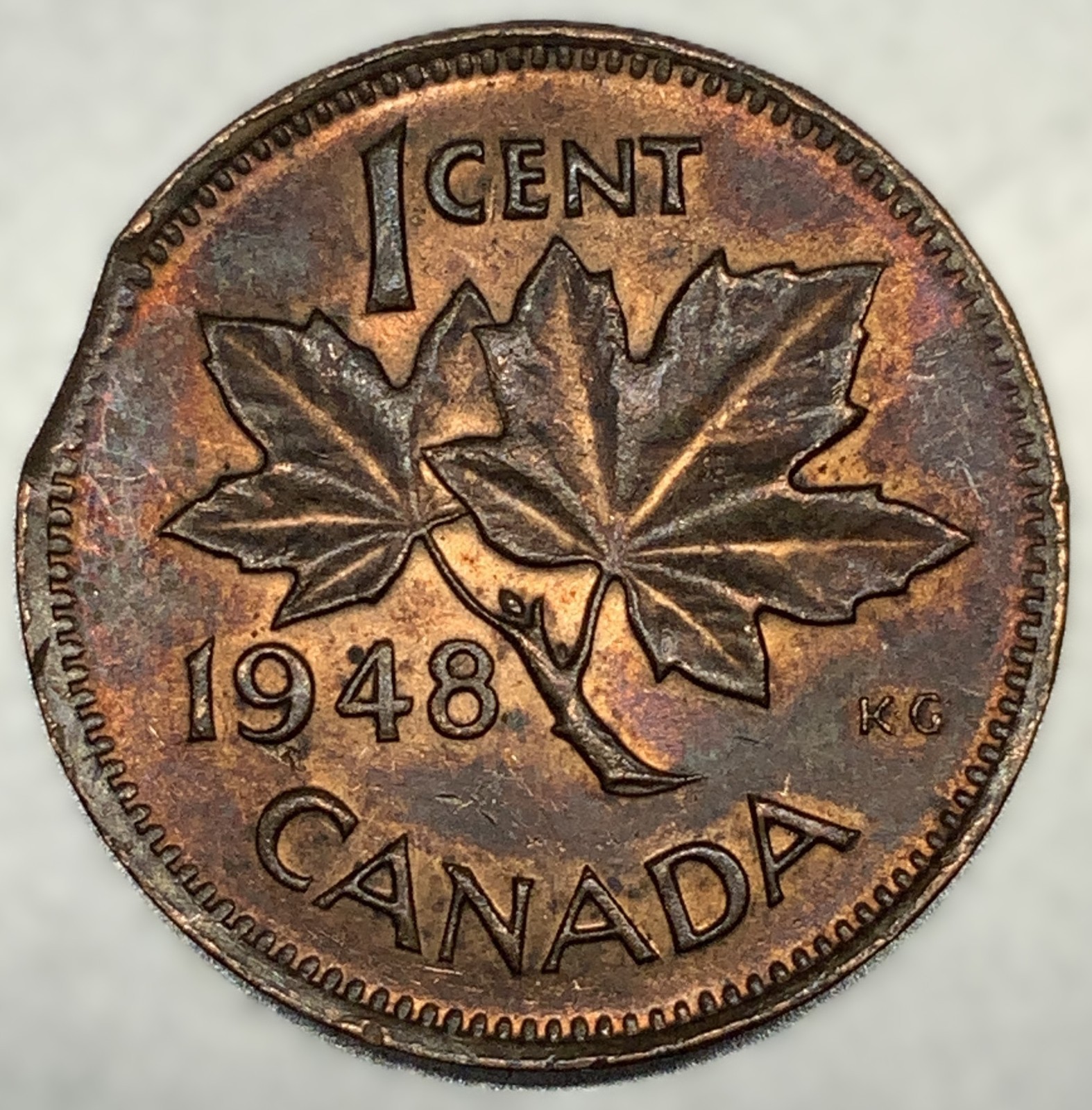 1948 Canada One Small Cent Coin UNC Condition "ERROR" Clipped Planchet - 4652