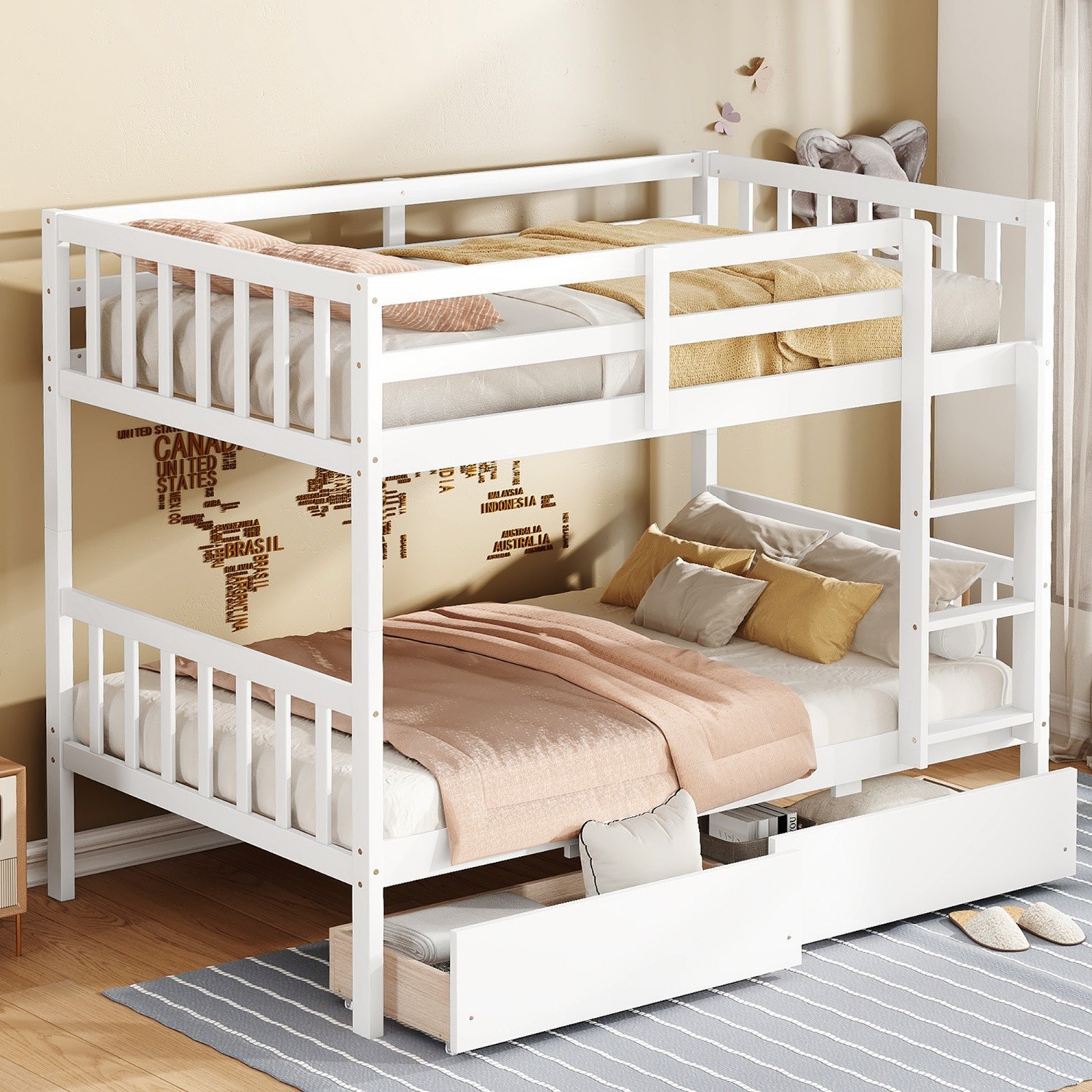 Twin Over Twin Solid Wood Bunk Bed w/ Ladder & 2 Drawers Convertible to 2 Beds