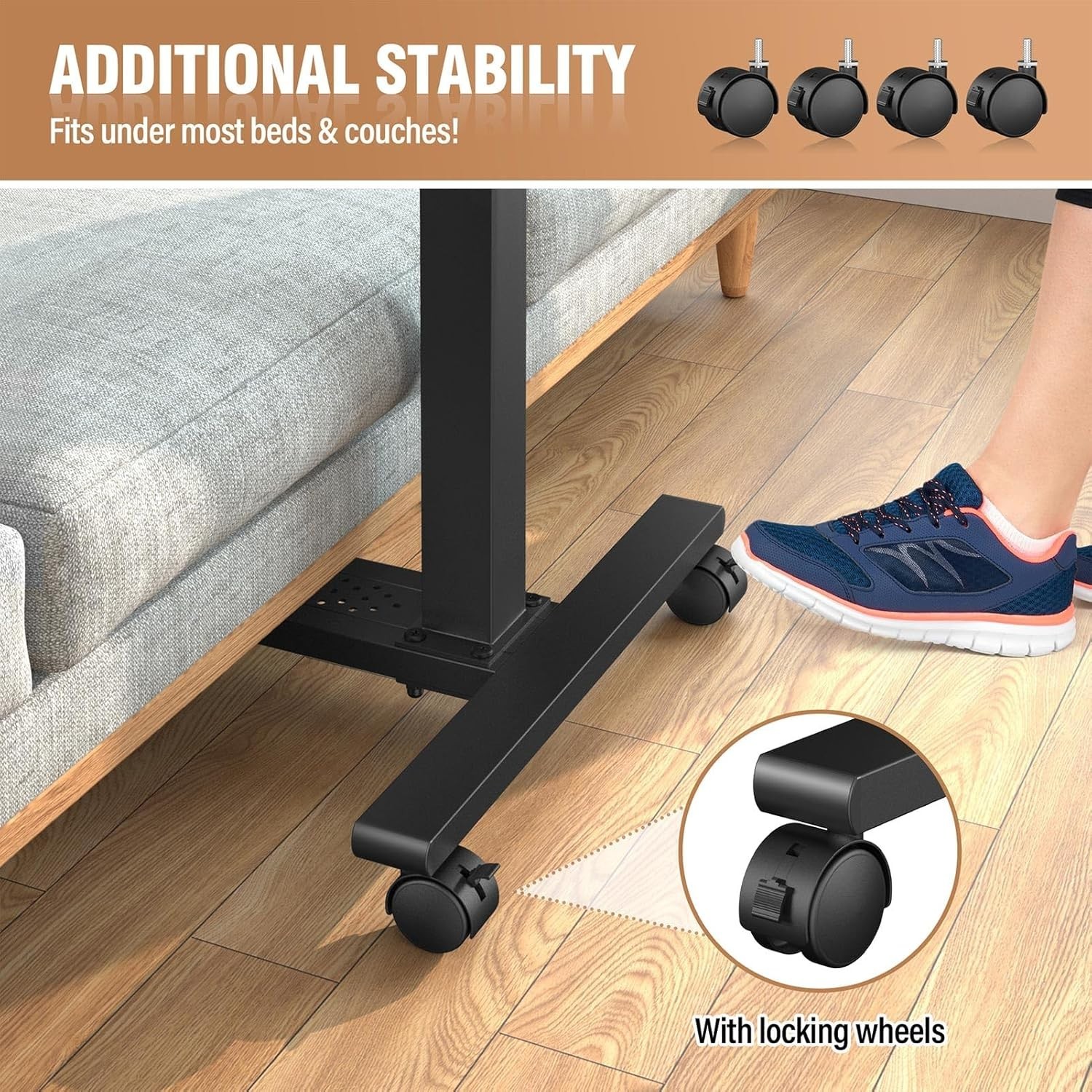 Adjustable overbed bedside table with wheels, rolling hospital laptop desk