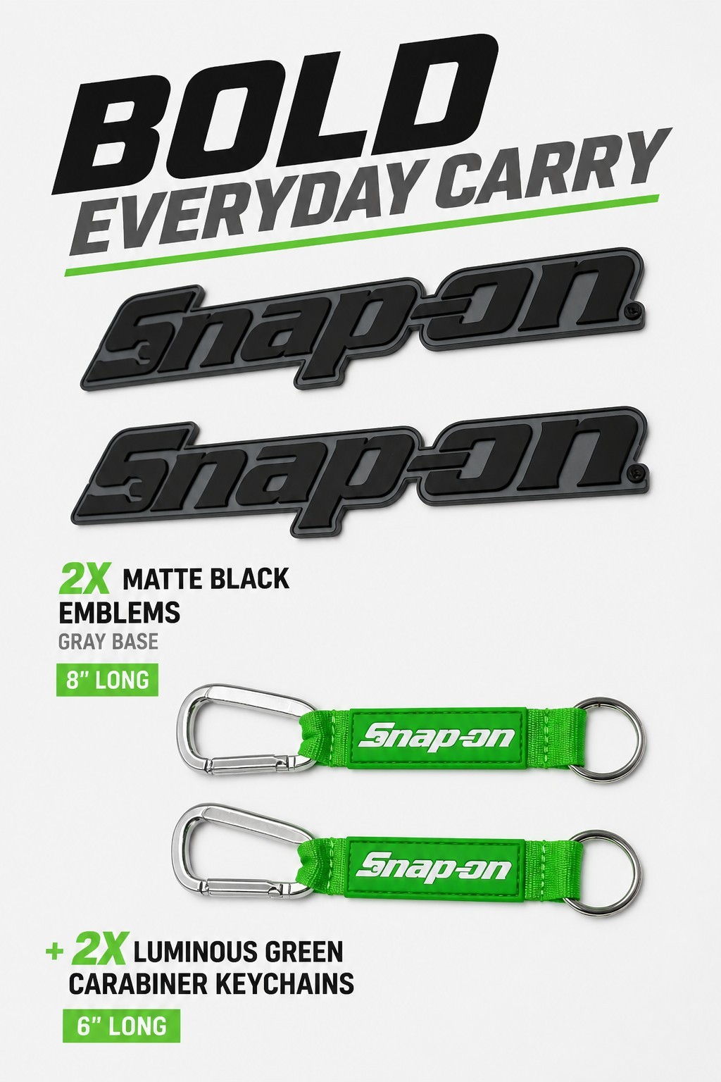 2PK SNAP ON TOOLS LOGO EMBLEM Matte Black Badge Decal+2X Keytags Green Carabiner