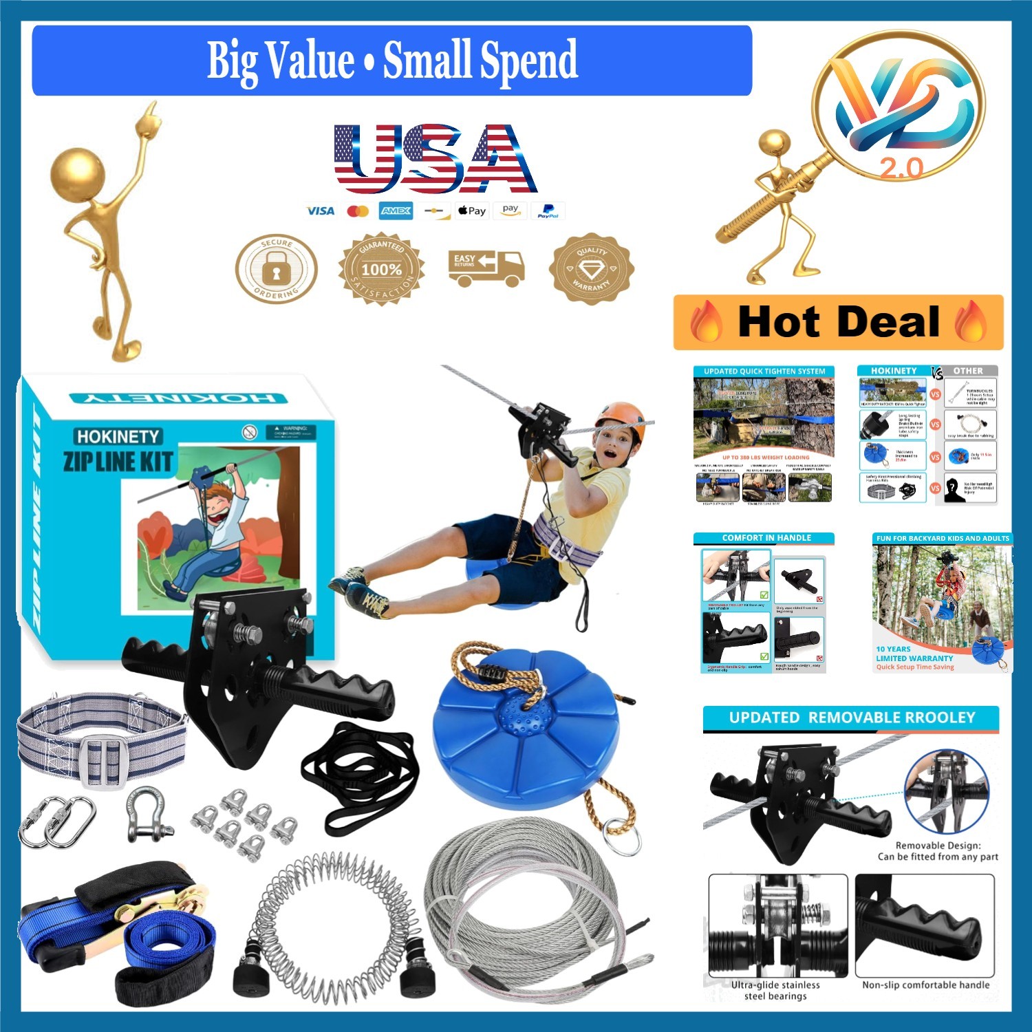 Heavy Duty Zip Line Kit for Kids Adults 120ft-200ft Up to 380Lbs Outdoor Safe...