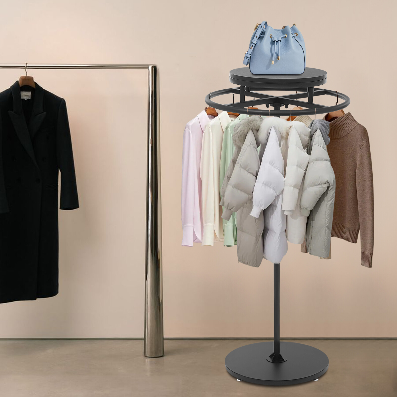 Round Clothing Rack Floor Standing Clothes Hanging Rack Garment Display black