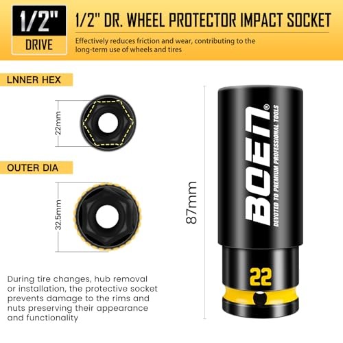 22mm 1/2" Drive Wheel Protector Impact Socket, Non-Marring Thin Wall 22MM
