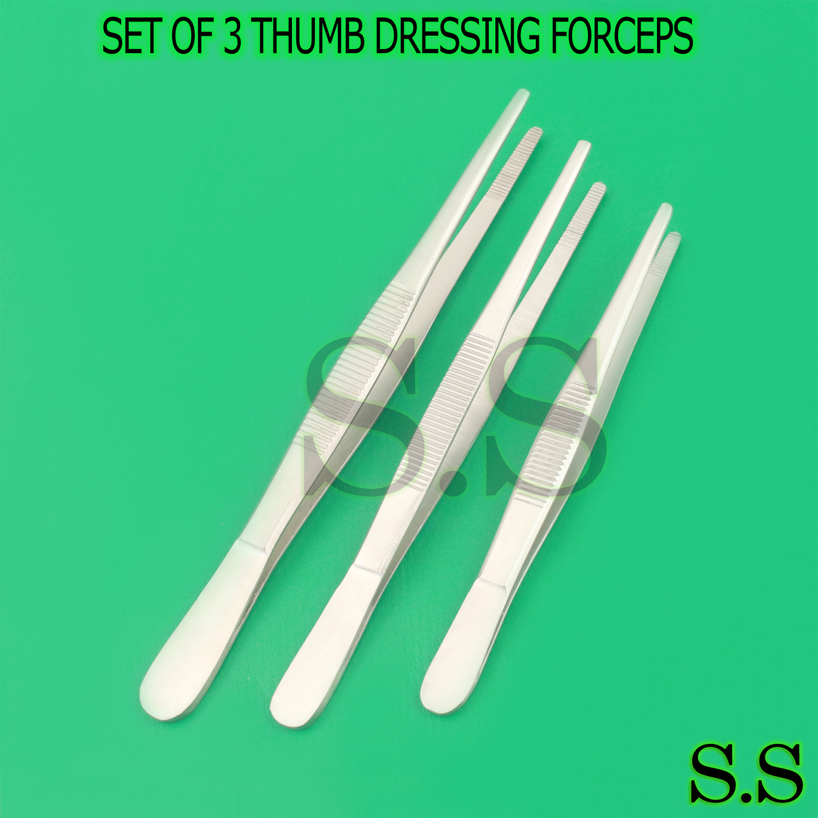 SET OF 3 ASSORTED THUMB DRESSING DISSECTING FORCEPS TWEEZERS SERRATED 5", 6", 8"
