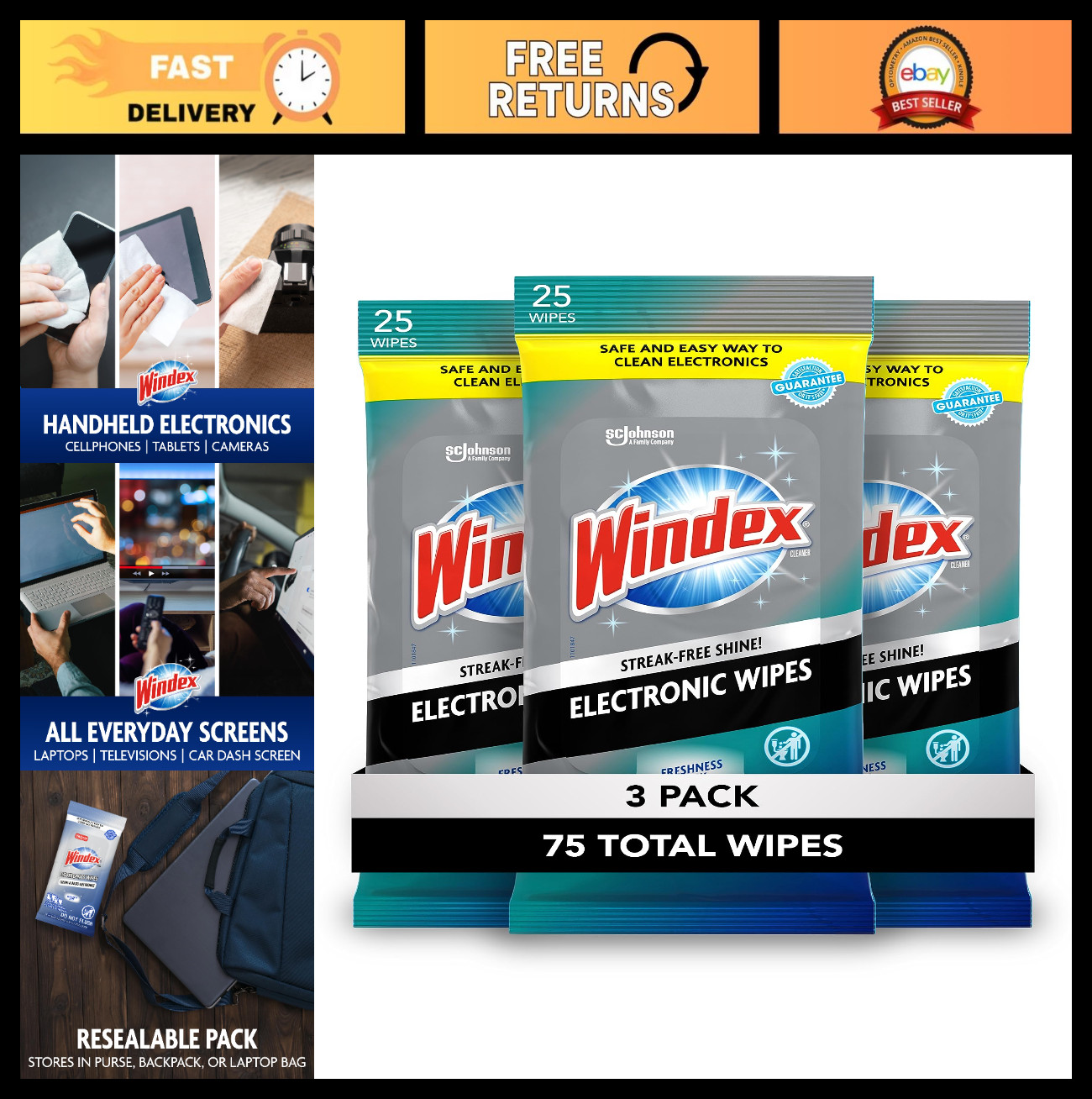 Pre-Moistened Electronic Cleaning Wipes for TVs, Phones & Screens - 75 Count