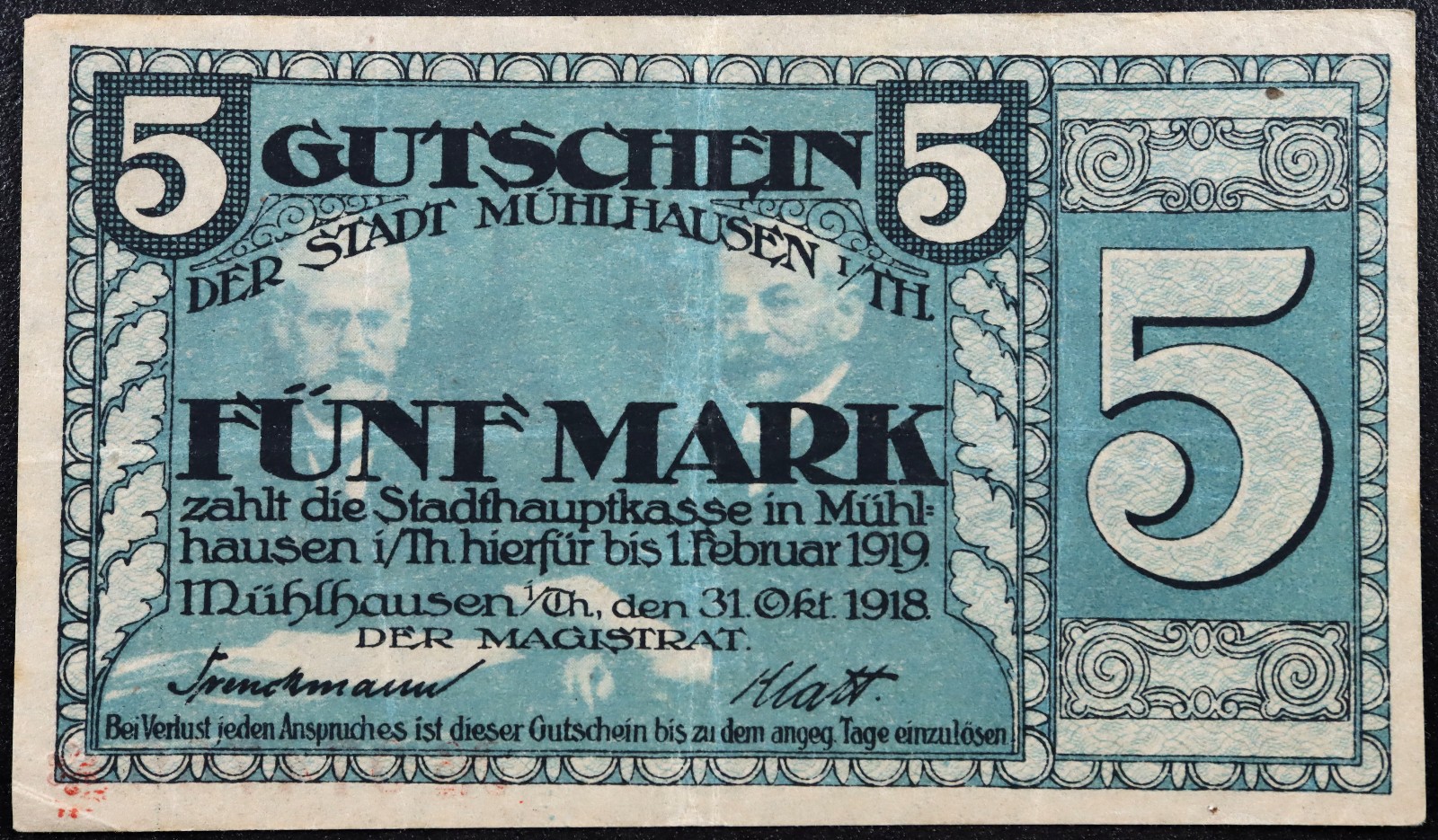 MÜHLHAUSEN 1918 5 Mark Grossnotgeld WWI German Notgeld Banknote