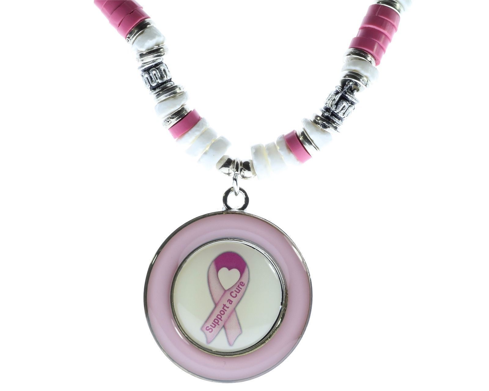 Pink Ribbon Cancer Awareness Cure Pendant &  Pink PUKA Bead Chain RAM F1D33A