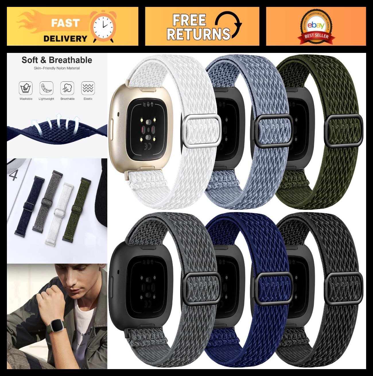 Adjustable Stretchy Nylon Bands for Fitbit Sense 2, Versa 4 & 3 - 6 Pack Sport S