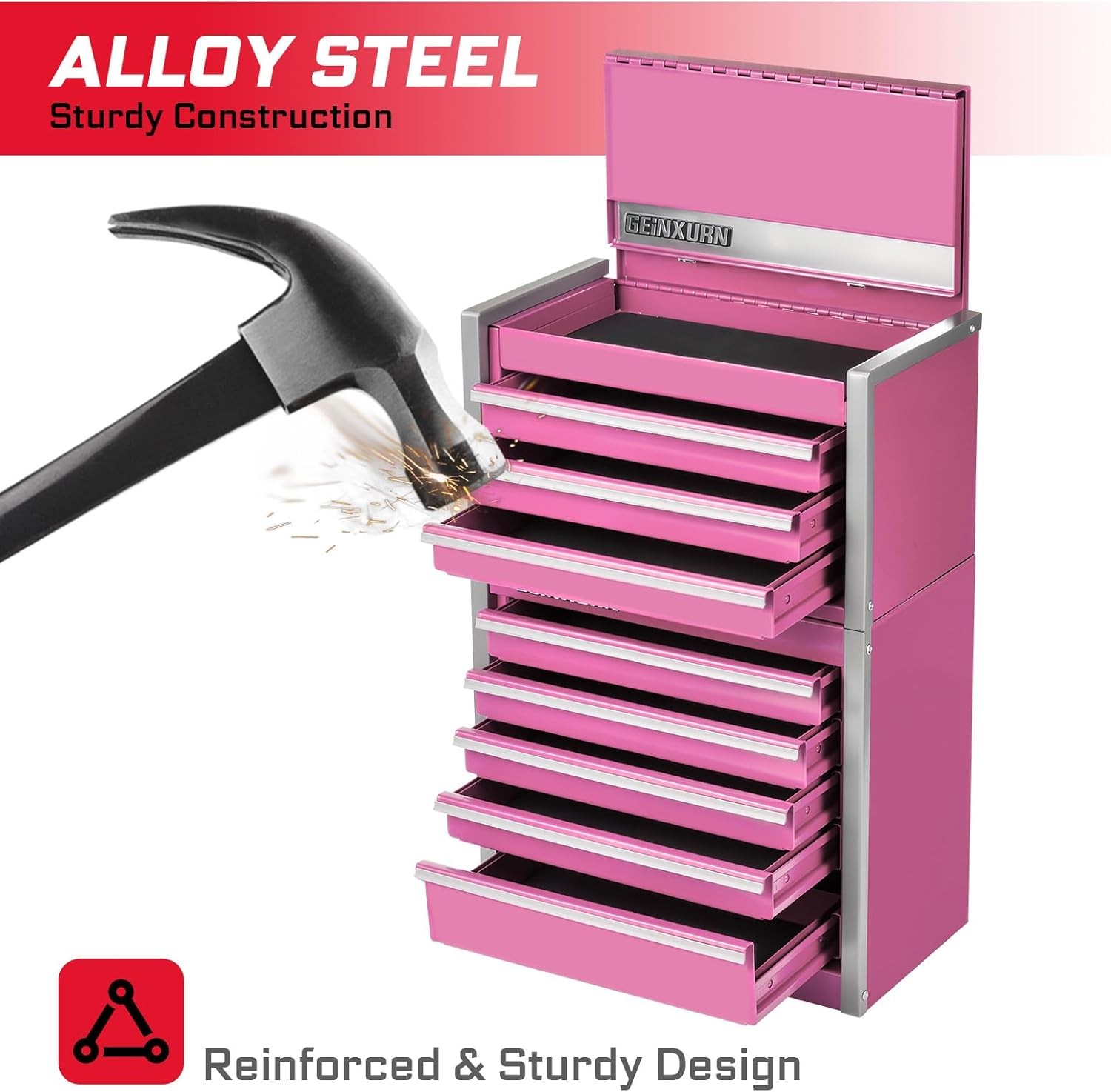 8-Drawer Rolling Pink Tool Box Heavy Duty Micro Roll Cab Steel Stackable Tool