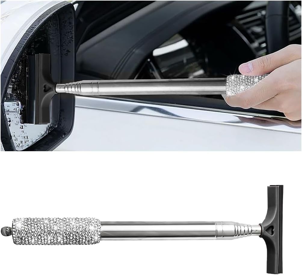 Bling Car Rearview Mirror Wiper, Retractable Rhinestone Vehicle W Color: White