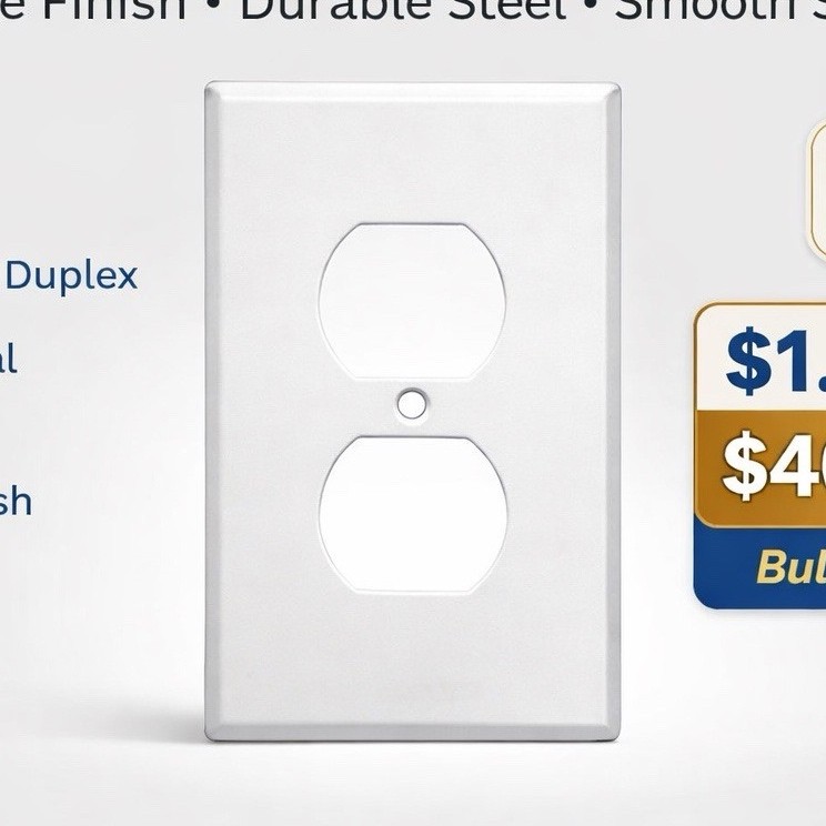 Box of 25 Metal Duplex Outlet Cover Plate 1-Gang Smooth White Wall Steel