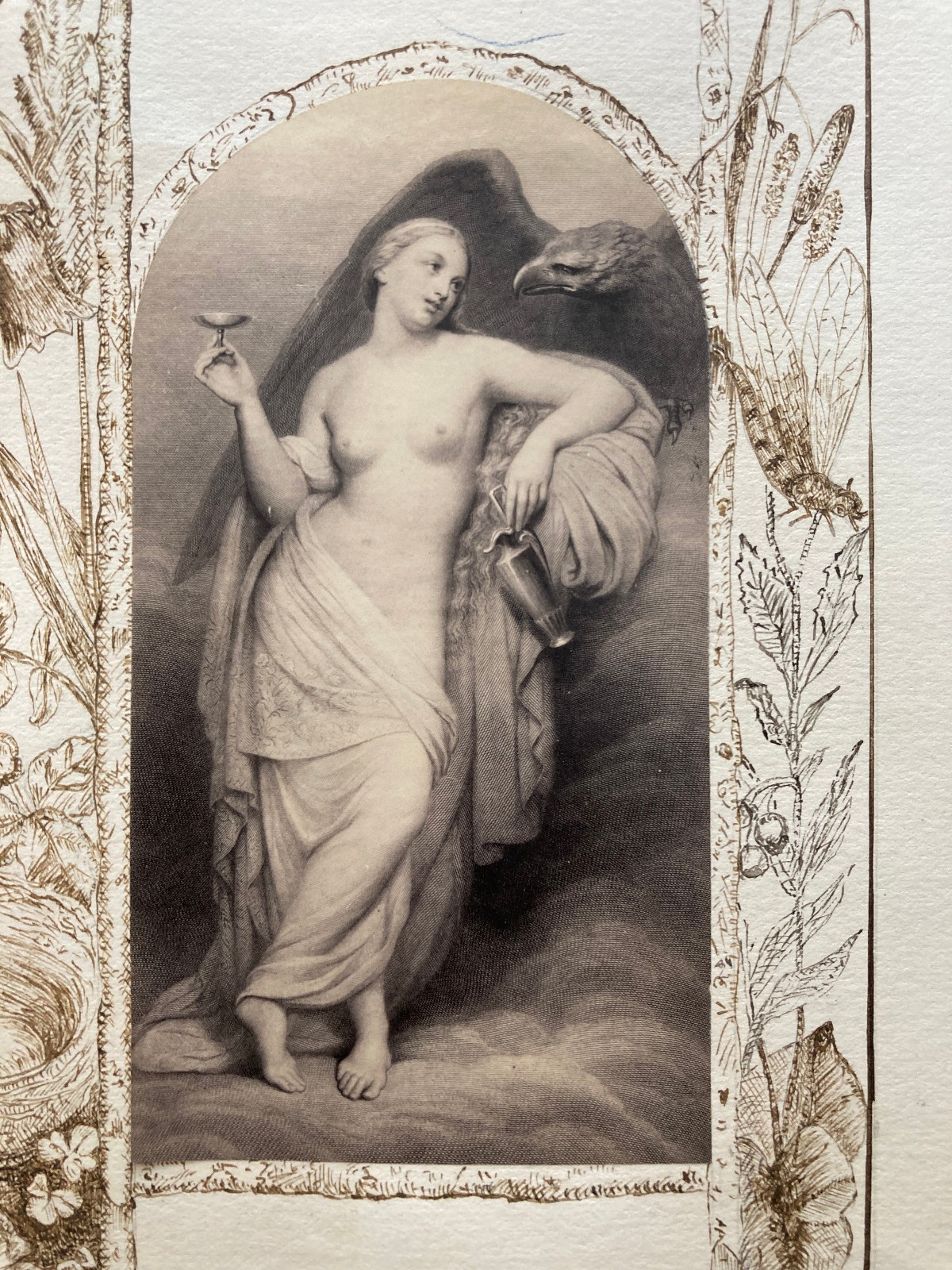Victorian pen and ink border work around art print Herbe Scheffer