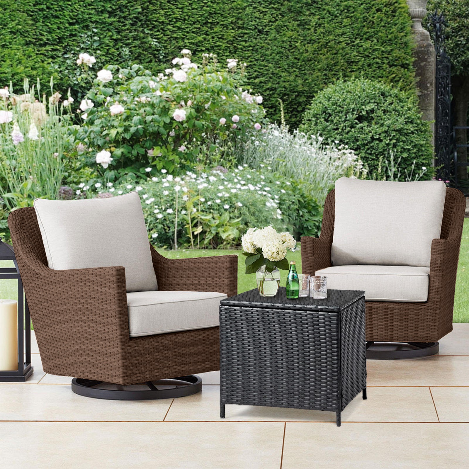 Outdoor PE Wicker Side Table with Patio Rattan End Table Square Container