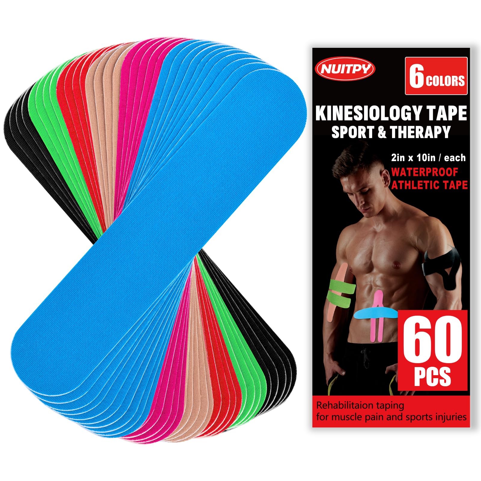 60PCS Precut Kinesiology Tape Strips, 6 Colors 2 inch x 10 inch Cotton Athlet...