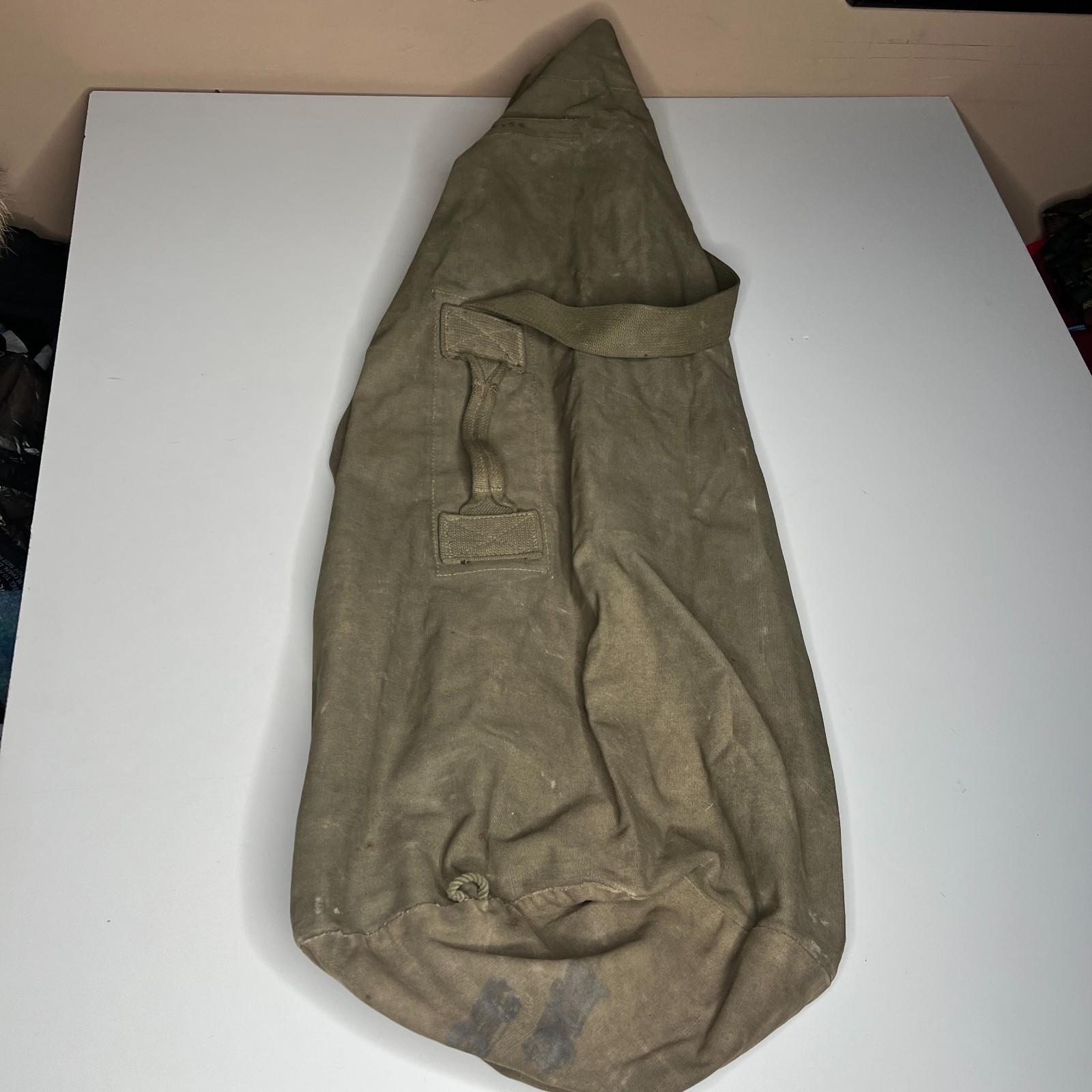 Vintage US Military Canvas Duffel Bag OD Green w/ Hook Closure Marked WWII Era