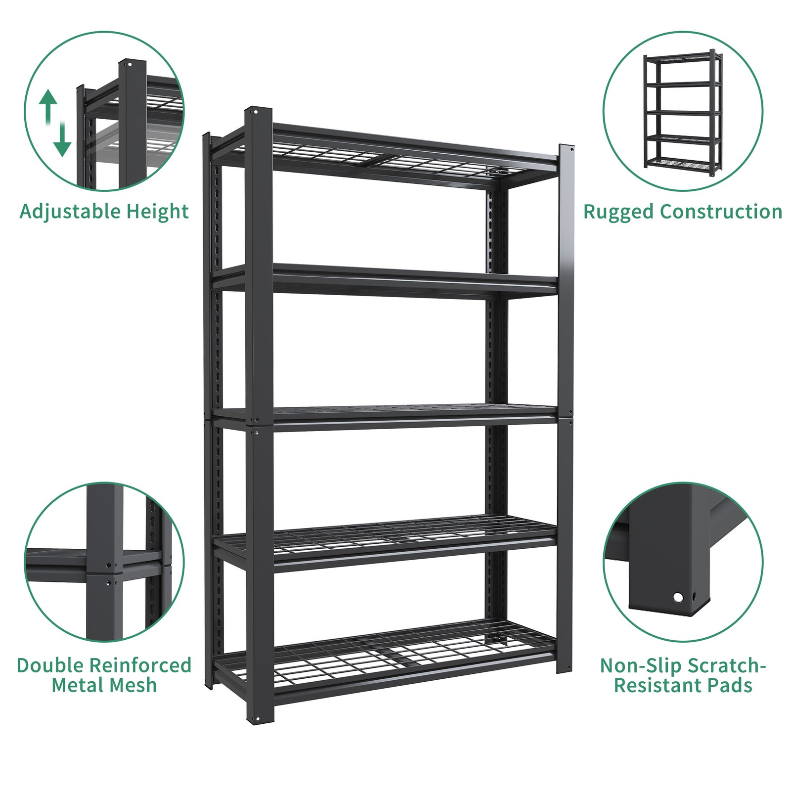 5-Tier Heavy Duty Metal Mesh Shelving 2000LBS Capacity Adjustable Storage Rack