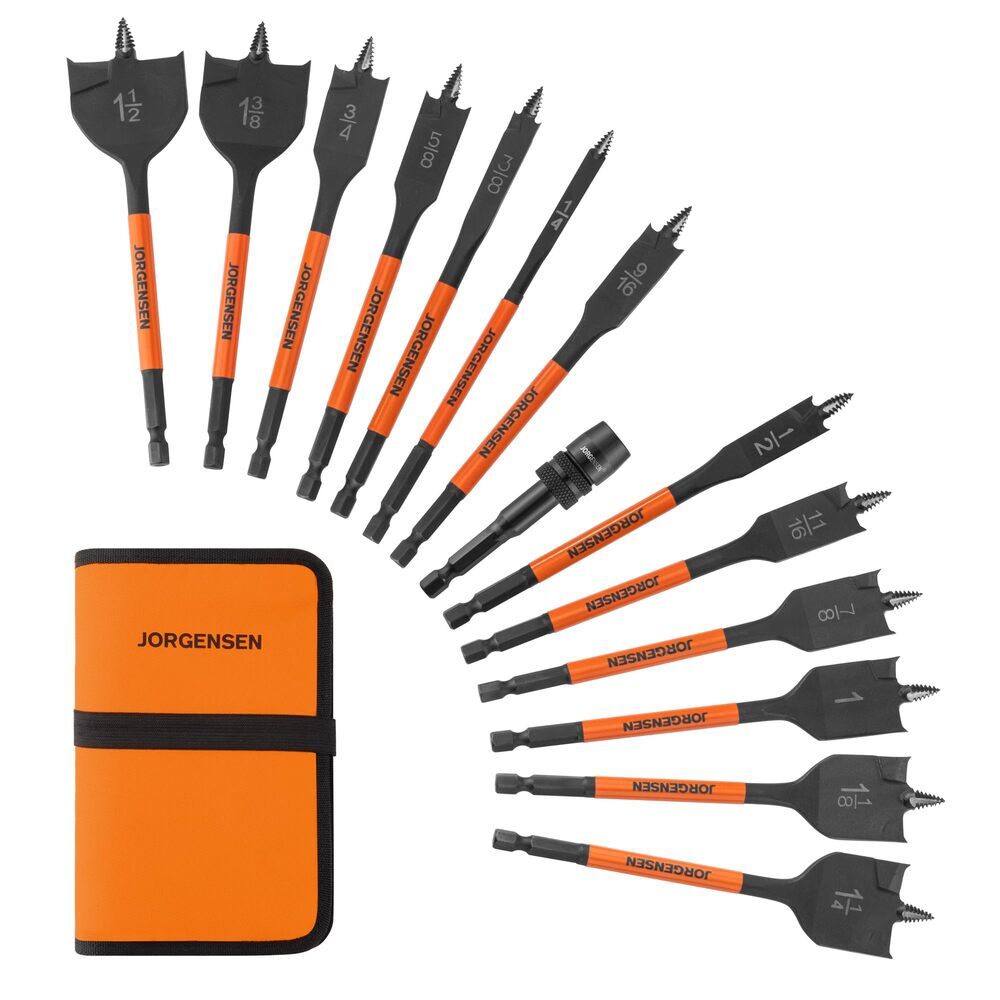 Jorgensen 14PC Carbon Steel Spade Drill Bit Set Quick-Load Connector Paddle Bits