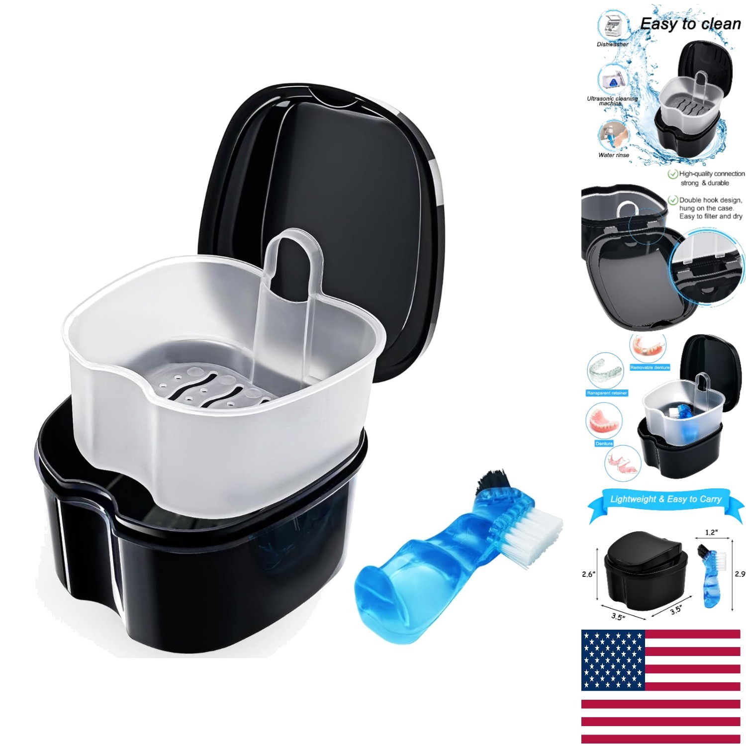 Elegant Black Denture Soaking Container with Strainer - Waterproof & Compact