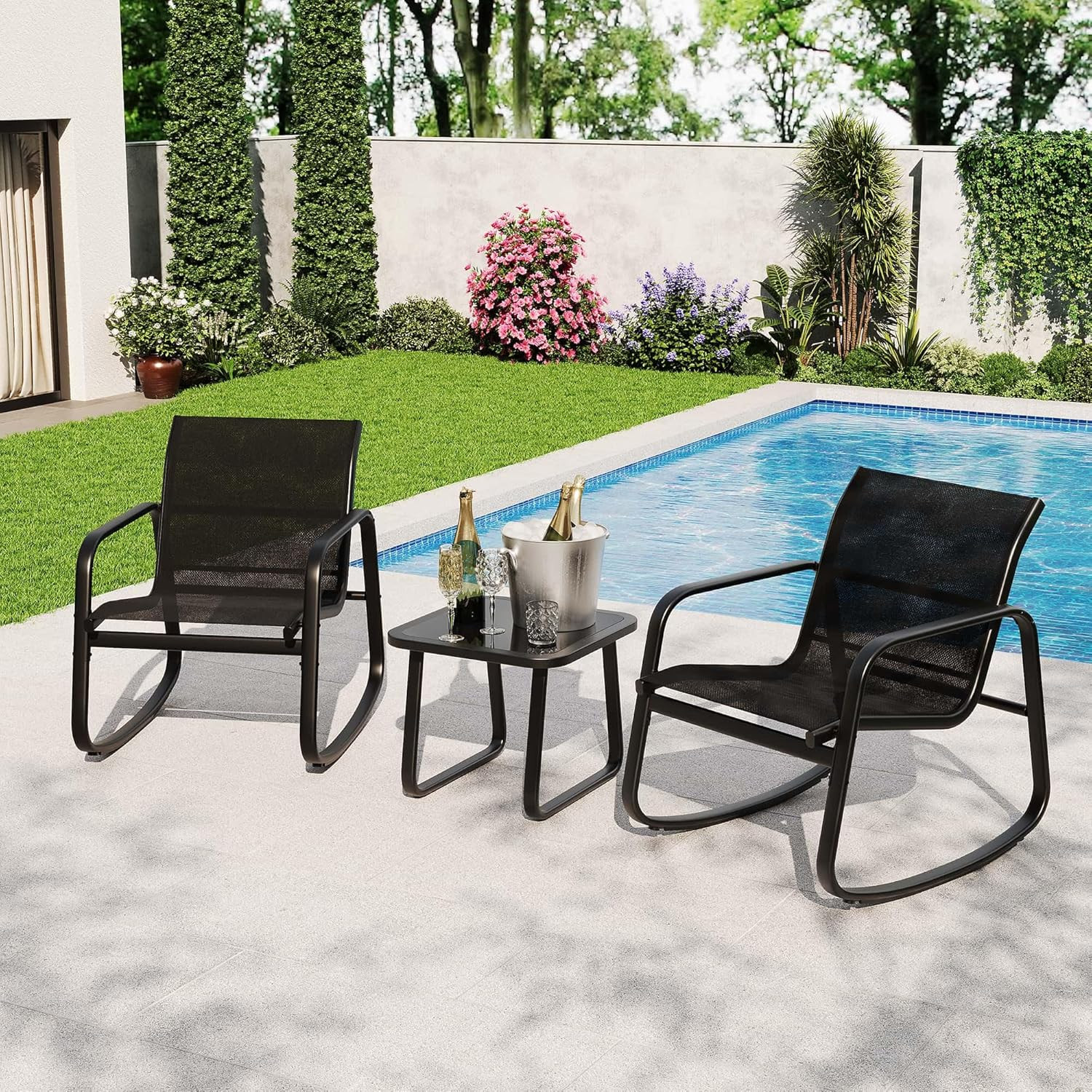 3 Piece Outdoor Rocking Bistro Set, Textilene Fabric Small Patio Furniture Set w