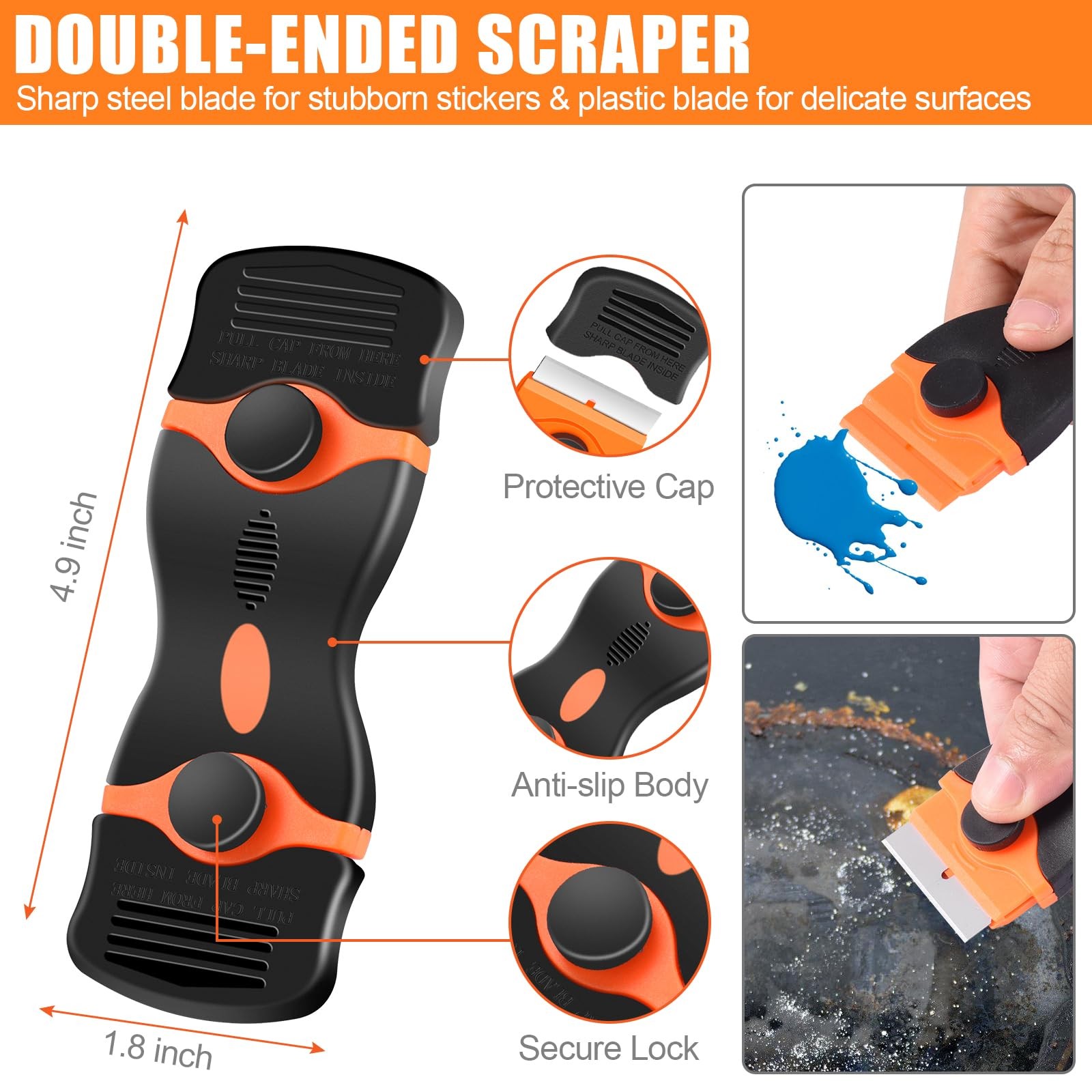 4 Pack Razor Blade Scraper, Includes 50 PCS Metal & Plastic Blades