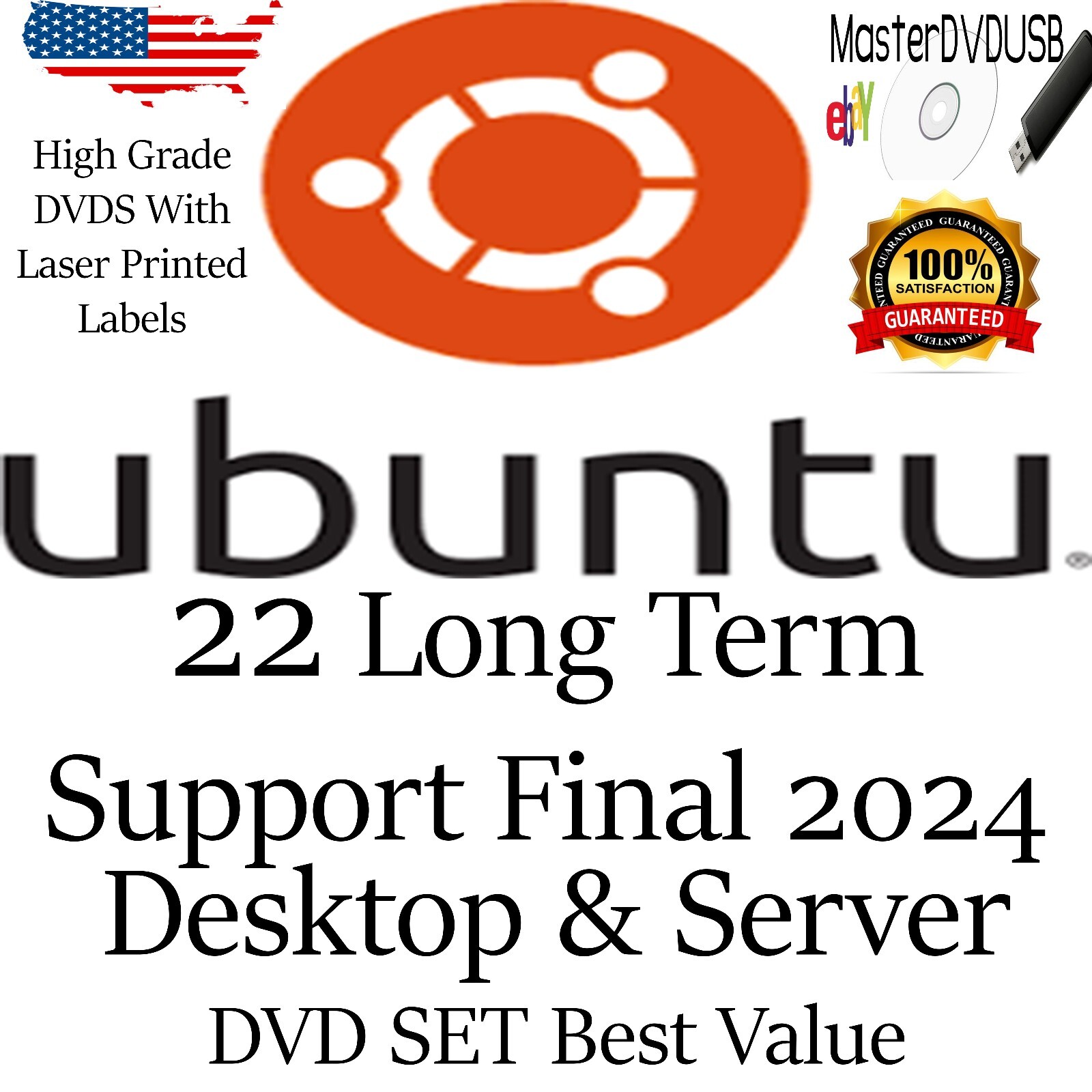 Ubuntu 22 LTS Desktop & Server DVD New Version 8-2024 AMD64 Same Day Shipping.