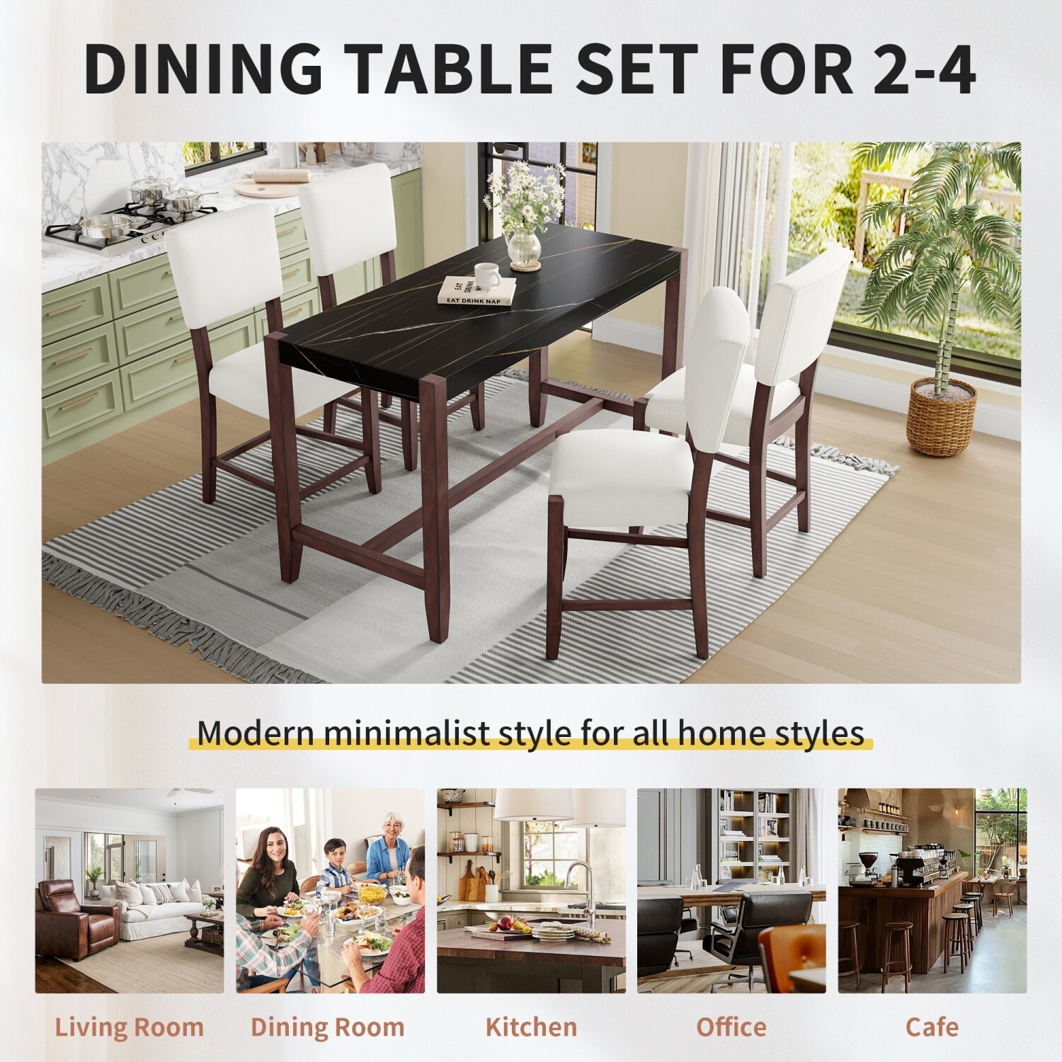 5 Piece Dining Table Set Rectangular Table with 4 Upholstered Chair w/ Wood Legs