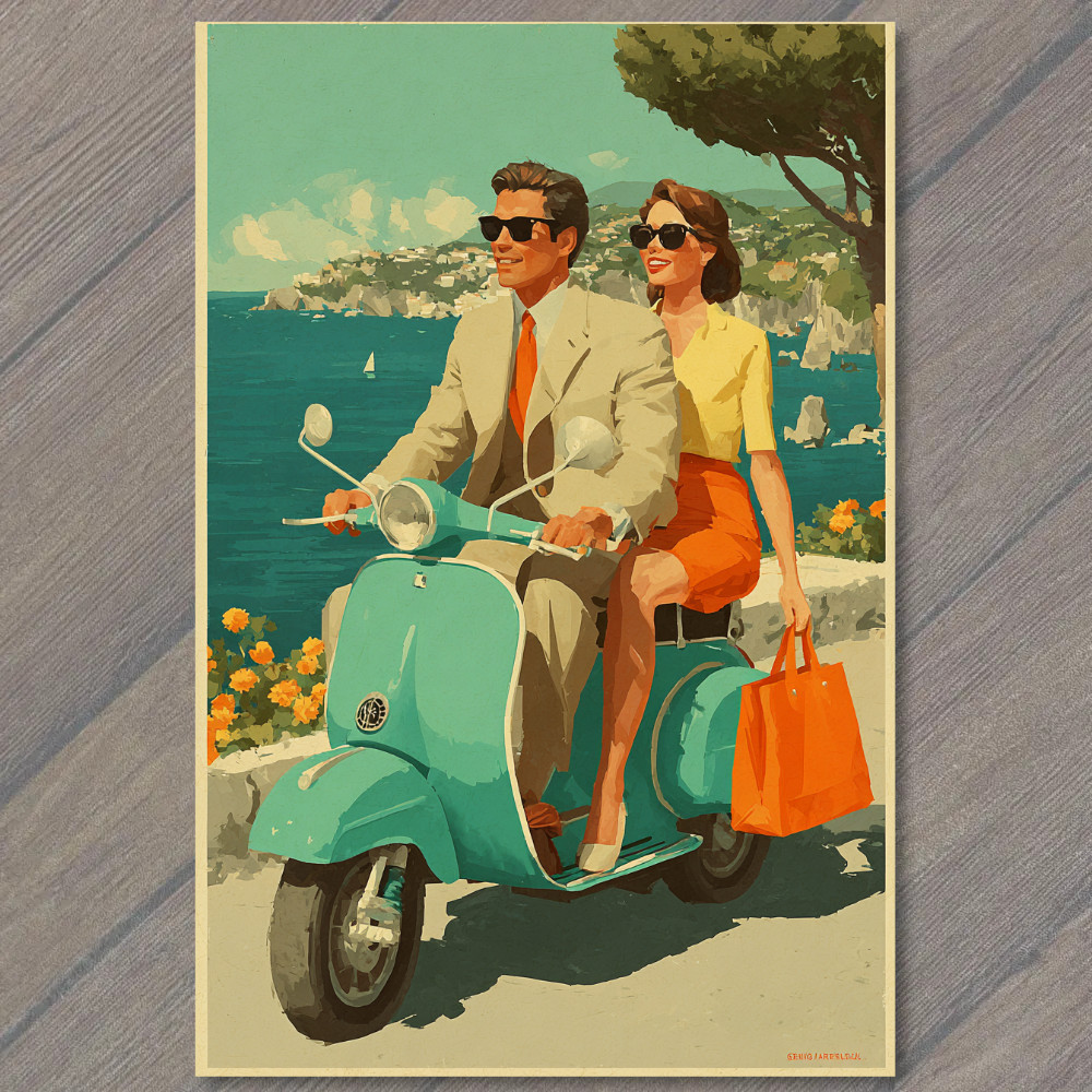 POSTCARD Retro Scooter Couple Coastal Summer Ride Vintage Travel Style