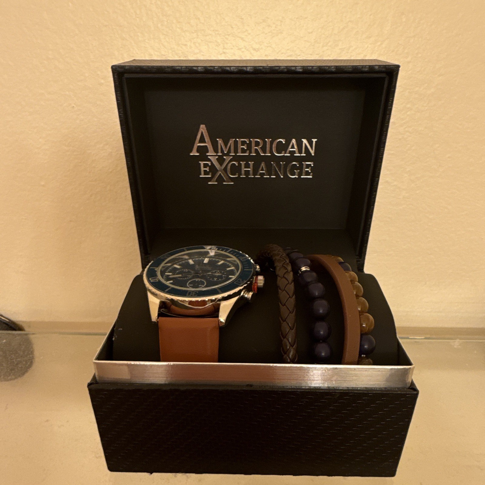 American Exchange Men's Watch & Bracelet Set Brown Strap Beaded Braided 4pc