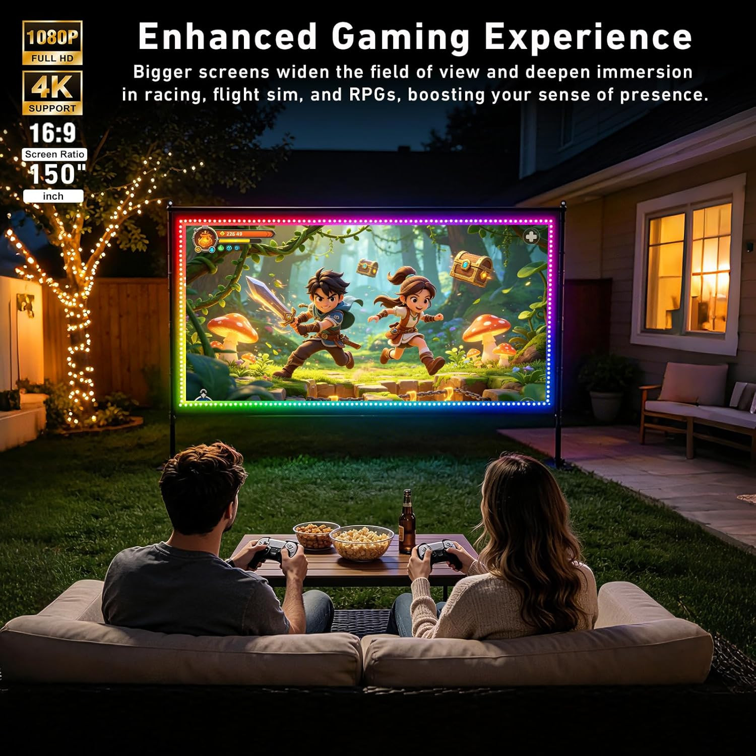 150 inch Projector Screen with Stand, USB String Lights Connection 16:9 4K HD Po
