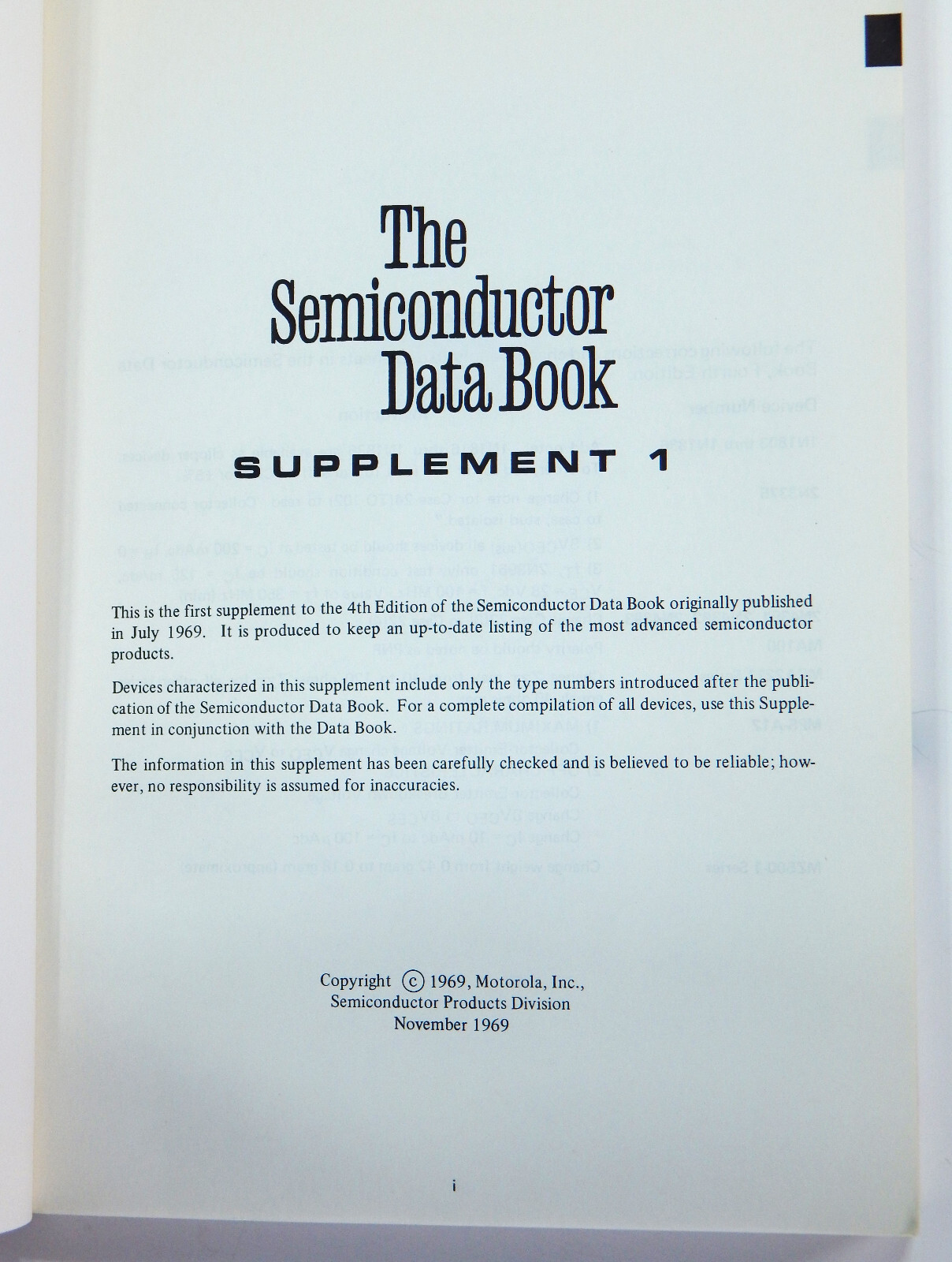THE SEMICONDUCTOR DATA BOOK 1969 4TH ED. SUPPLEMENT 1 MOTOROLA SOFT COVER NICE