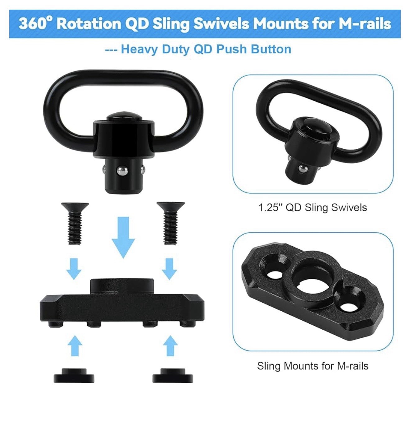 4-pack M-LOK MLOK Quick Release Sling Mount Push Button QD Sling Swivel 360 Rota