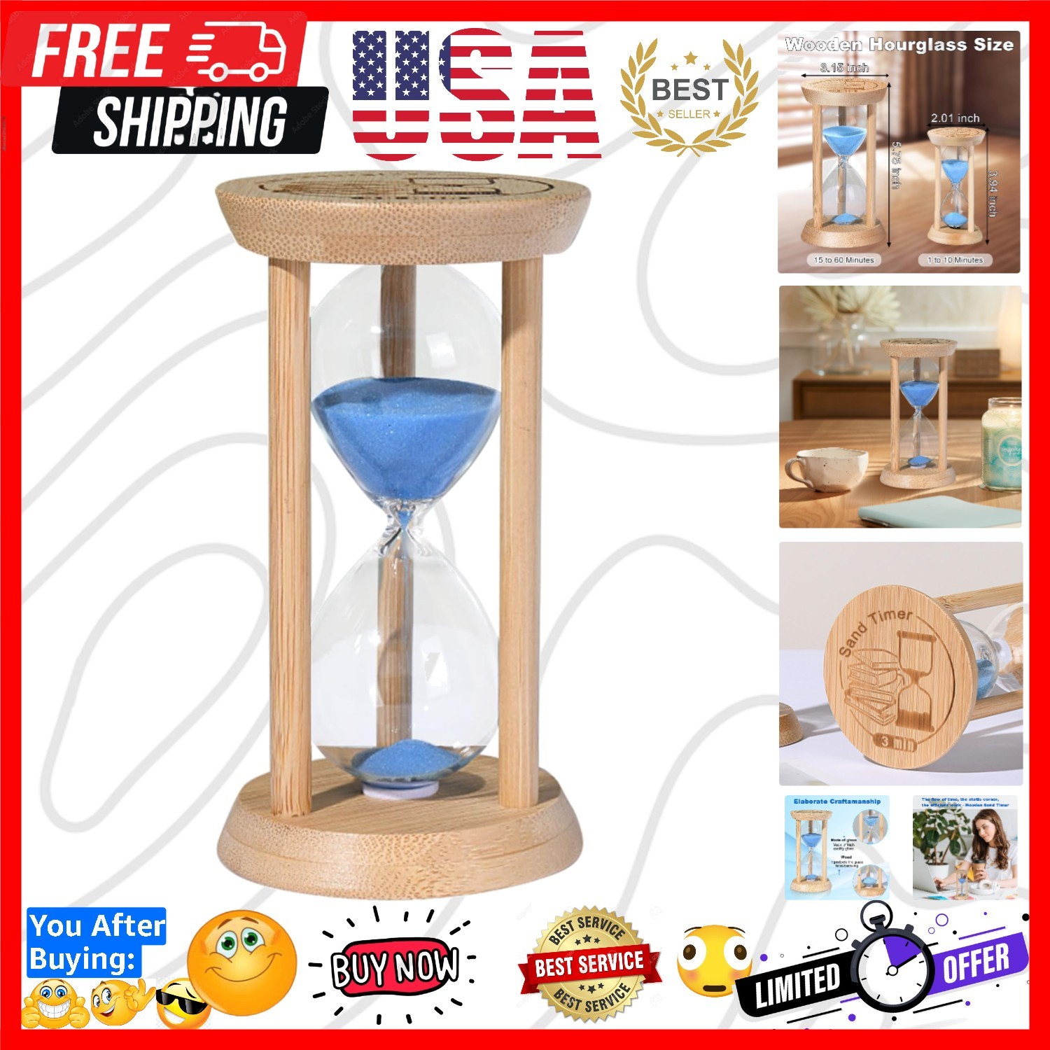 Wooden Sand Timer 60 Minute Hourglass, Bamboo Sand Clock, Small Black Sand Wa...