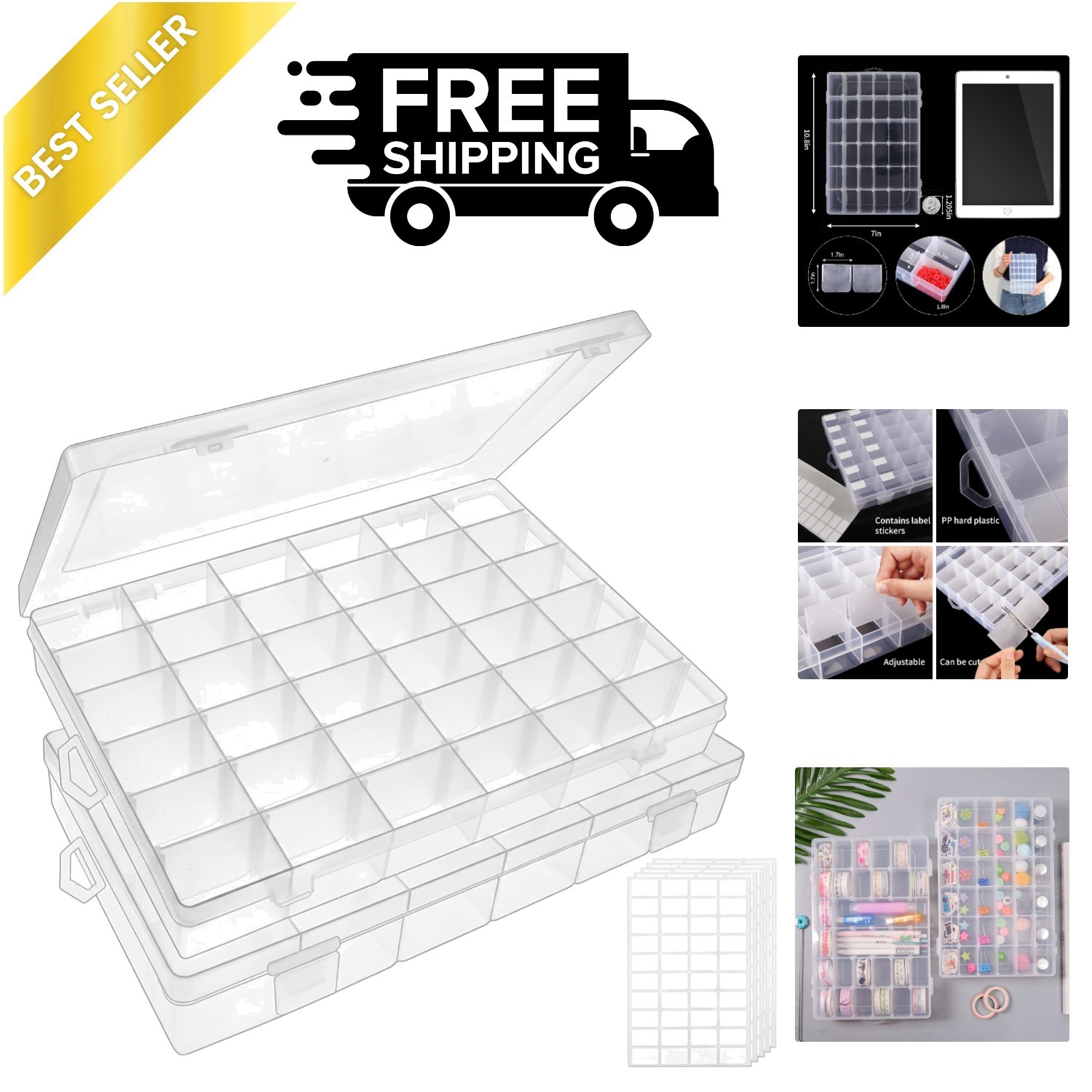 Clear Plastic 36-Grid Storage Box Set for Jewelry and Craft Organization