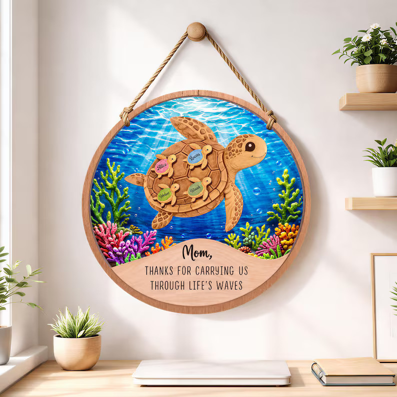 Custom Sea Turtle Family Wall Sign with Rope
